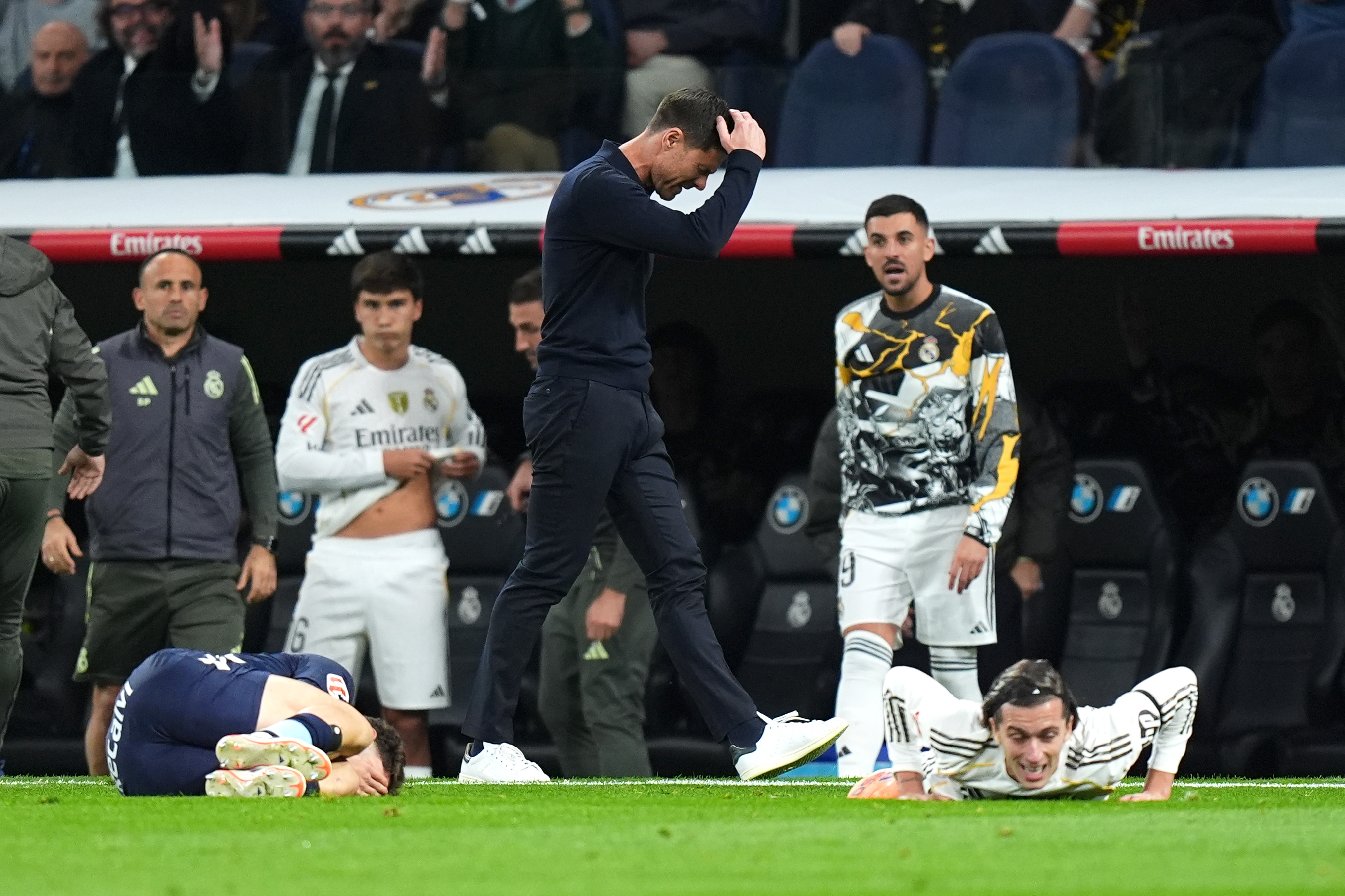 MADRID, SPAIN - DECEMBER 07: Xabi Alonso, Head Coach of Real Madrid, reacts during the LaLiga EA Sports match between Real Madrid CF and RC Celta de Vigo at Estadio Santiago Bernabeu on December 07, 2025 in Madrid, Spain. (Photo by Angel Martinez/Getty Images)