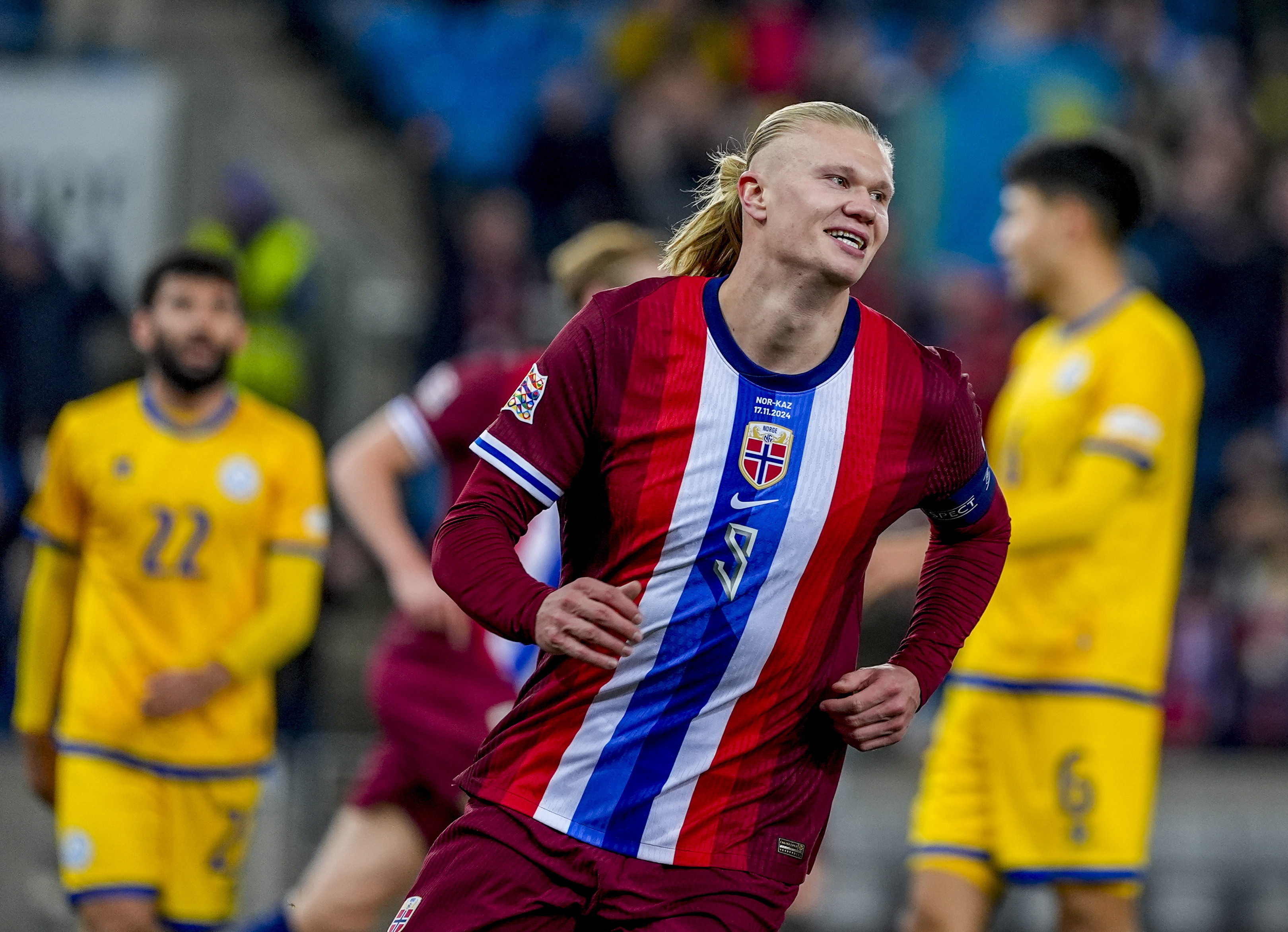 Oslo (Norway), 17/11/2024.- Erling Braut Haaland of Norway celebrates scoring the opening goal during the UEFA Nations League match between Norway and Kazakhstan at Ullevaal Stadium, Oslo, Norway, 17 November 2024. (Kazajstn, Noruega) EFE/EPA/Terje Pedersen NORWAY OUT
