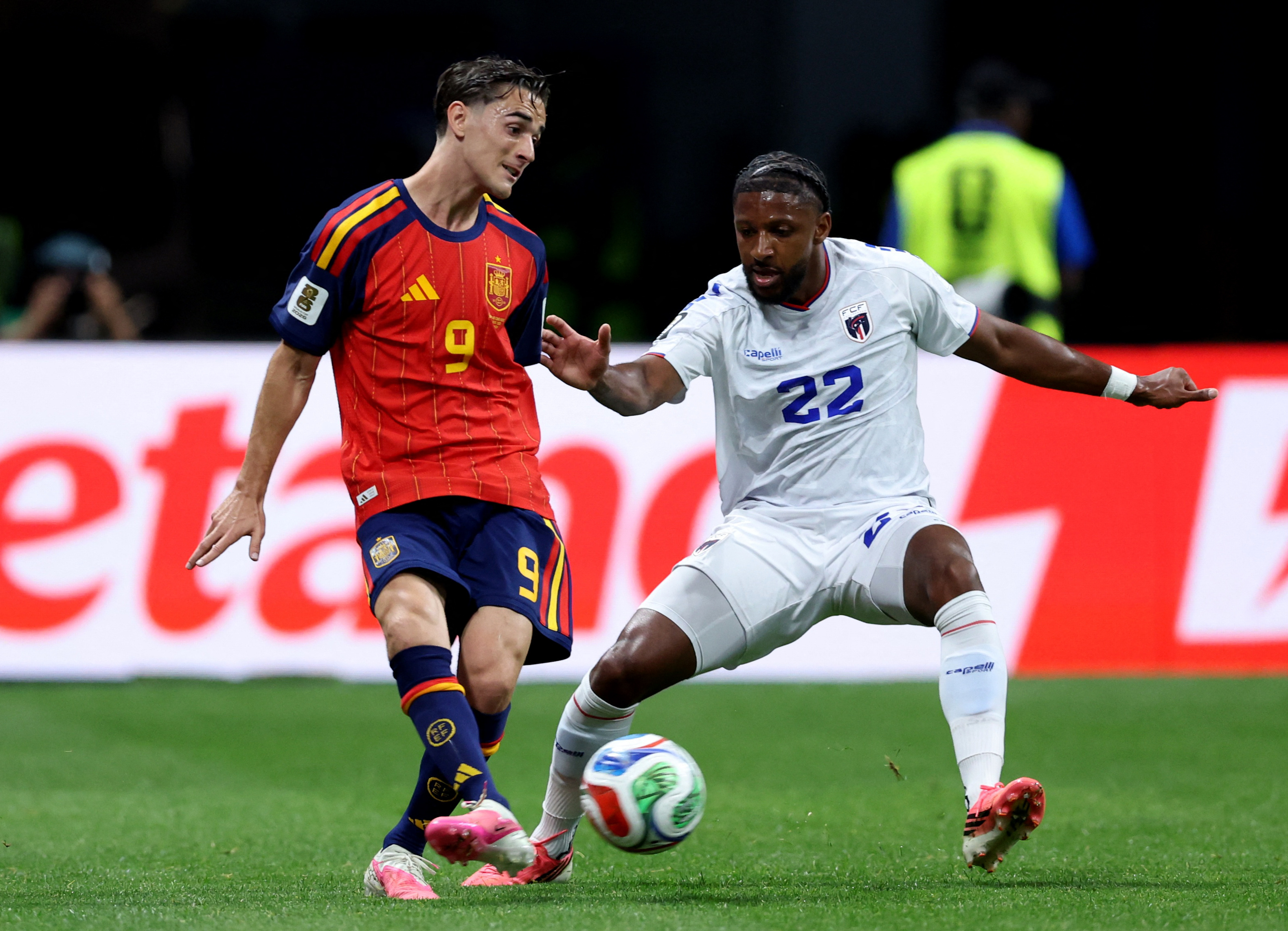 Soccer Football - FIFA World Cup 2026 - Group H - Spain v Cape Verde - Atlanta Stadium, Atlanta, Georgia, U.S. - June 15, 2026 Spain's Gavi in action with Cape Verde's Steven Moreira IMAGN IMAGES via Reuters/Brett Davis