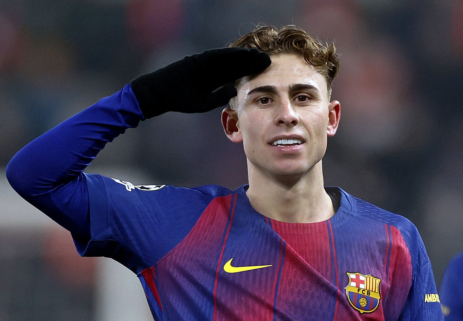 Soccer Football - UEFA Champions League - Slavia Prague v FC Barcelona - Fortuna Arena, Prague, Czech Republic - January 21, 2026 FC Barcelona's Fermin Lopez celebrates scoring their second goal REUTERS/David W Cerny