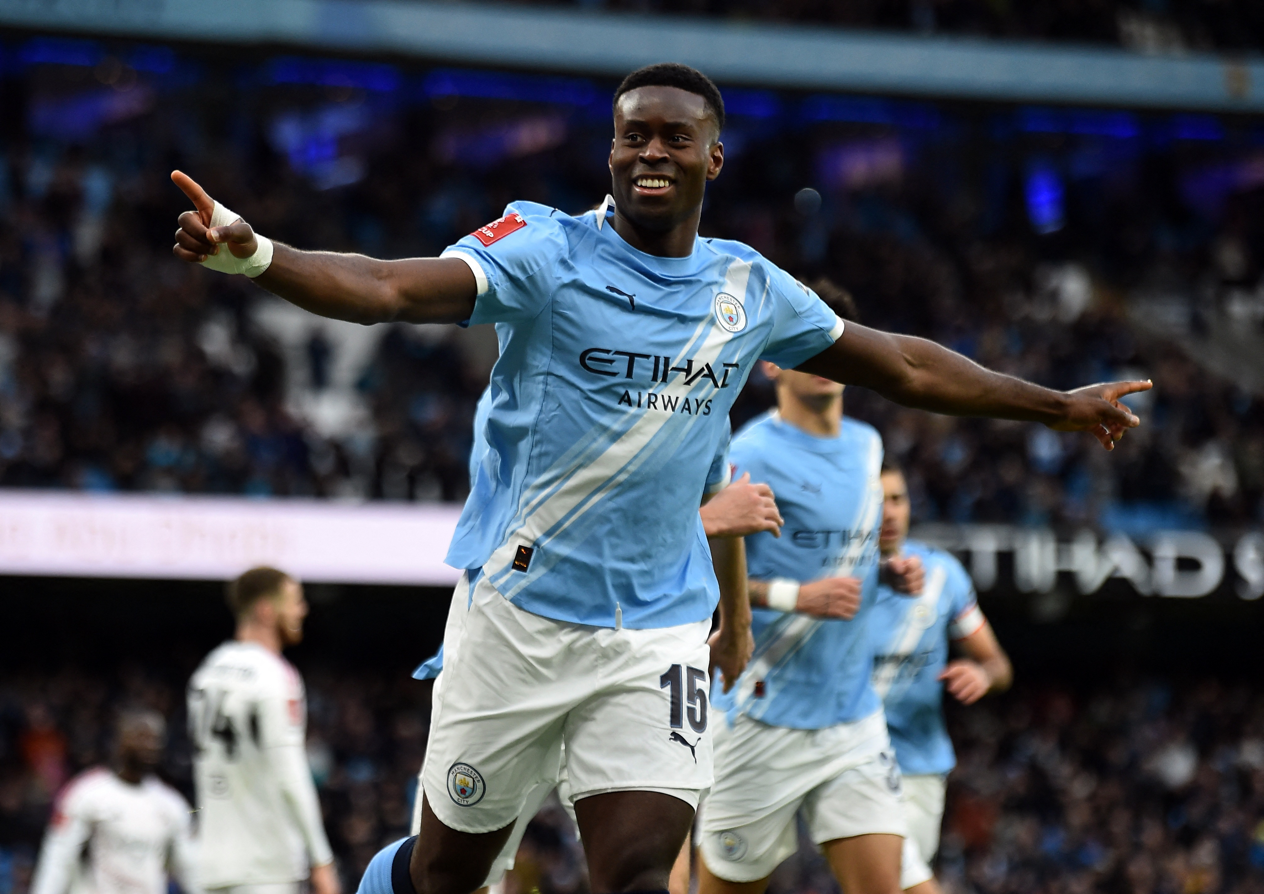 Soccer Football - FA Cup - Fourth Round - Manchester City v Salford City - Etihad Stadium, Manchester, Britain - February 14, 2026 Manchester City's Marc Guehi celebrates scoring their second goal REUTERS/Peter Powell