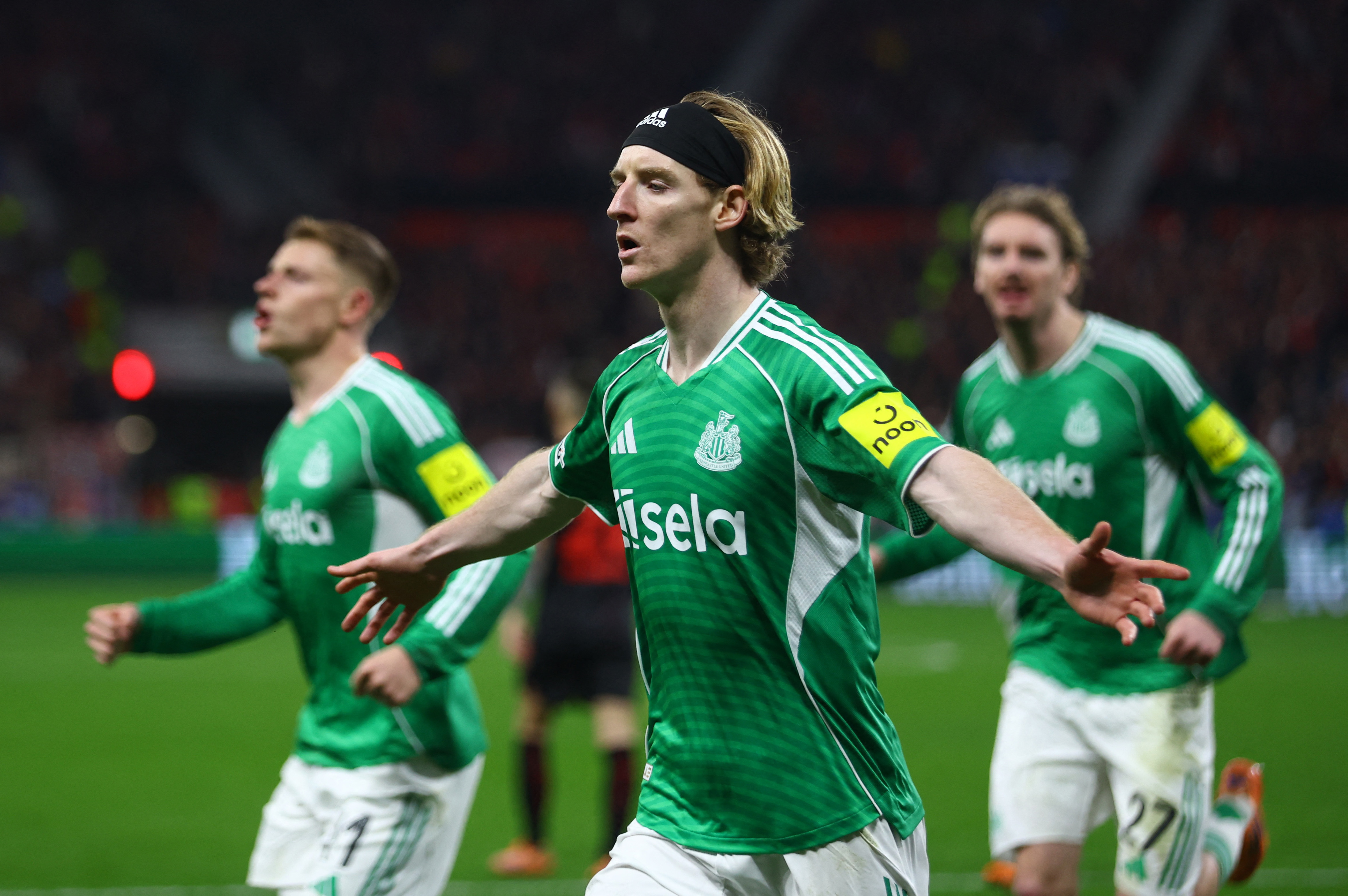 Soccer Football - UEFA Champions League - Bayer Leverkusen v Newcastle United - BayArena, Leverkusen, Germany - December 10, 2025 Newcastle United's Anthony Gordon celebrates scoring their first goal REUTERS/Thilo Schmuelgen