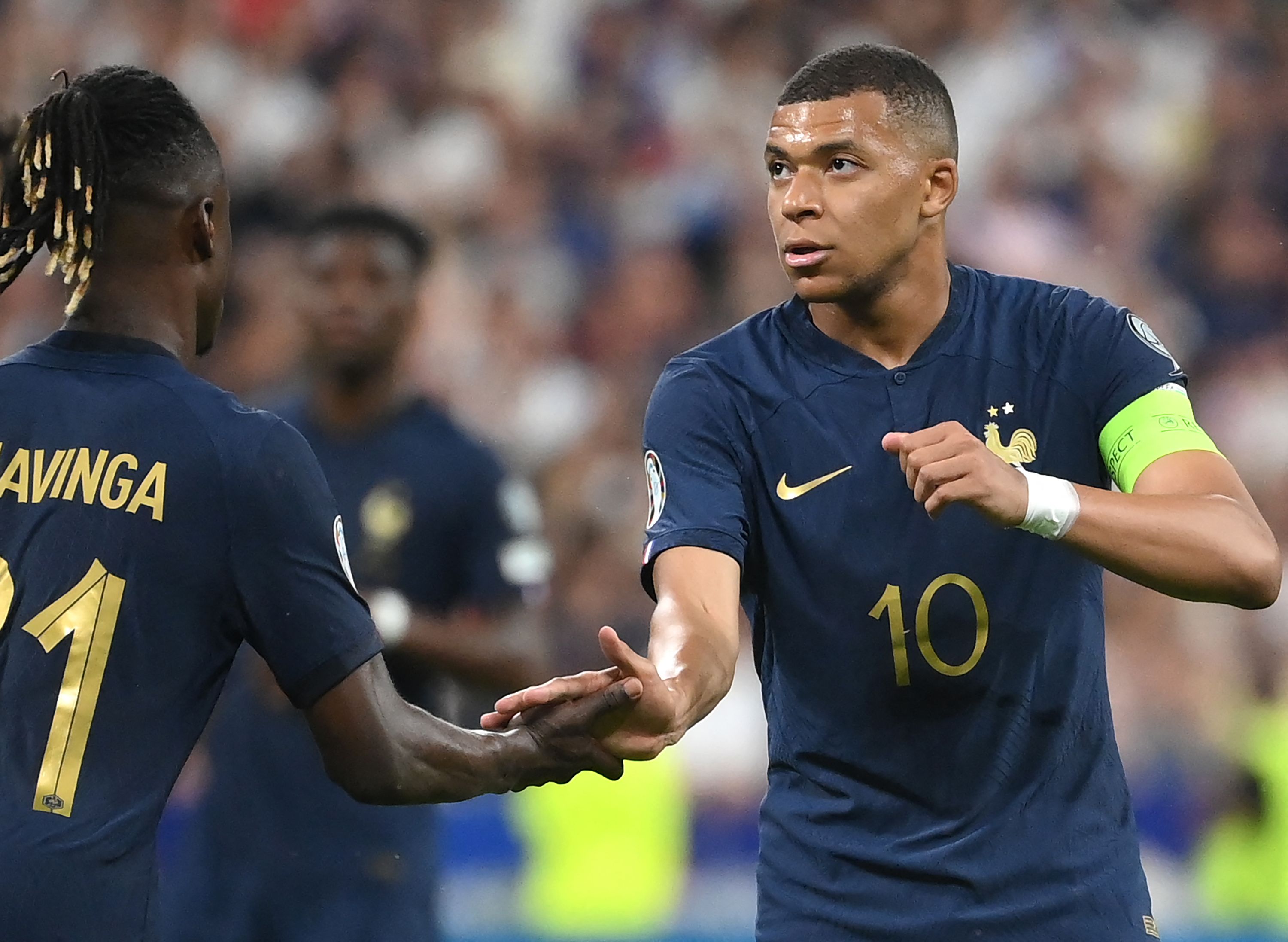 Kylian Mbappe of France with the shirt of Achraf Hakimi of Morocco