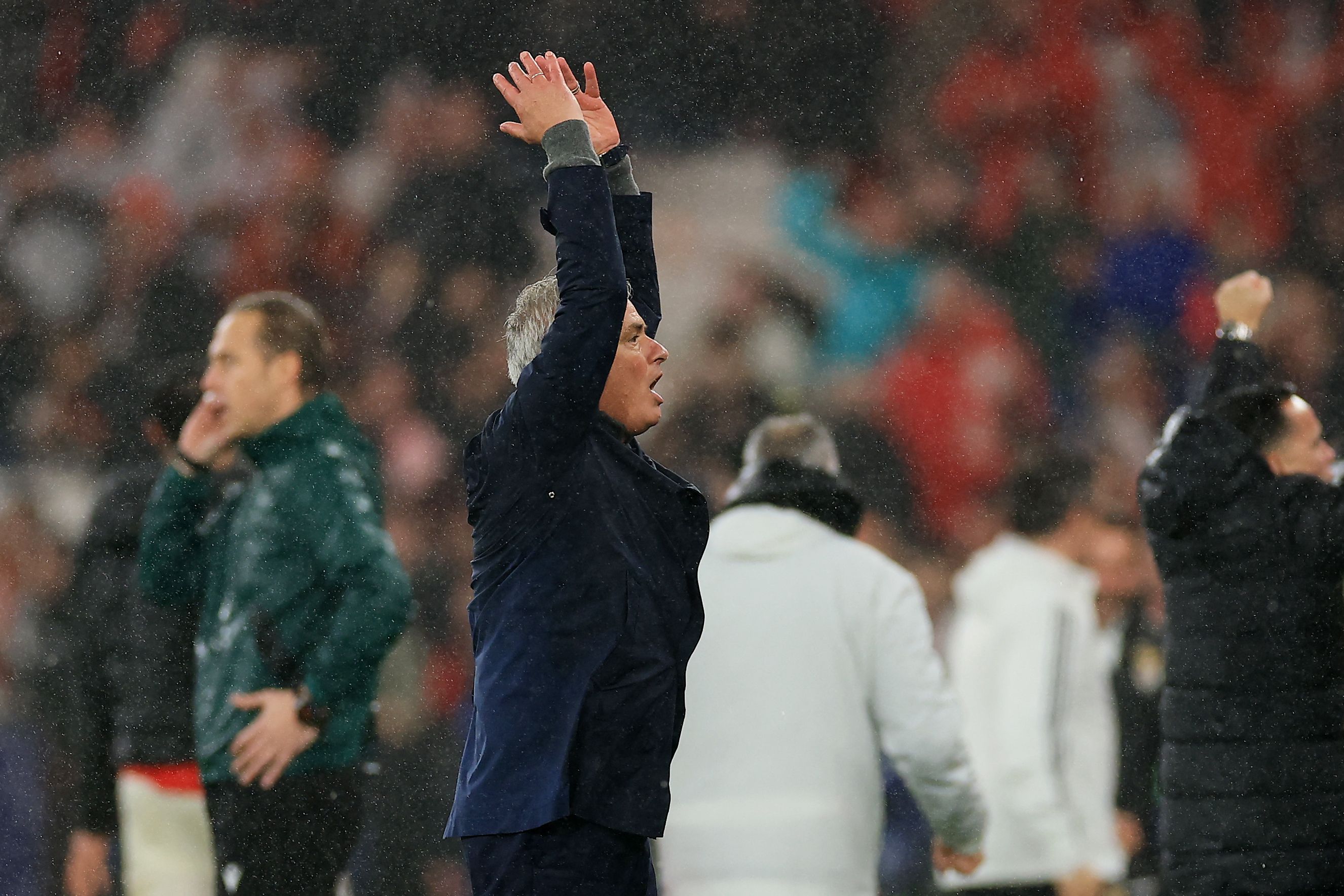 Benfica's Portuguese coach Jose Mourinho celebrates after winning the UEFA Champions League league phase day 8 football match between SL Benfica and Real Madrid CF at Estadio da Luz in Lisbon on January 28, 2026. (Photo by PATRICIA DE MELO MOREIRA / AFP)