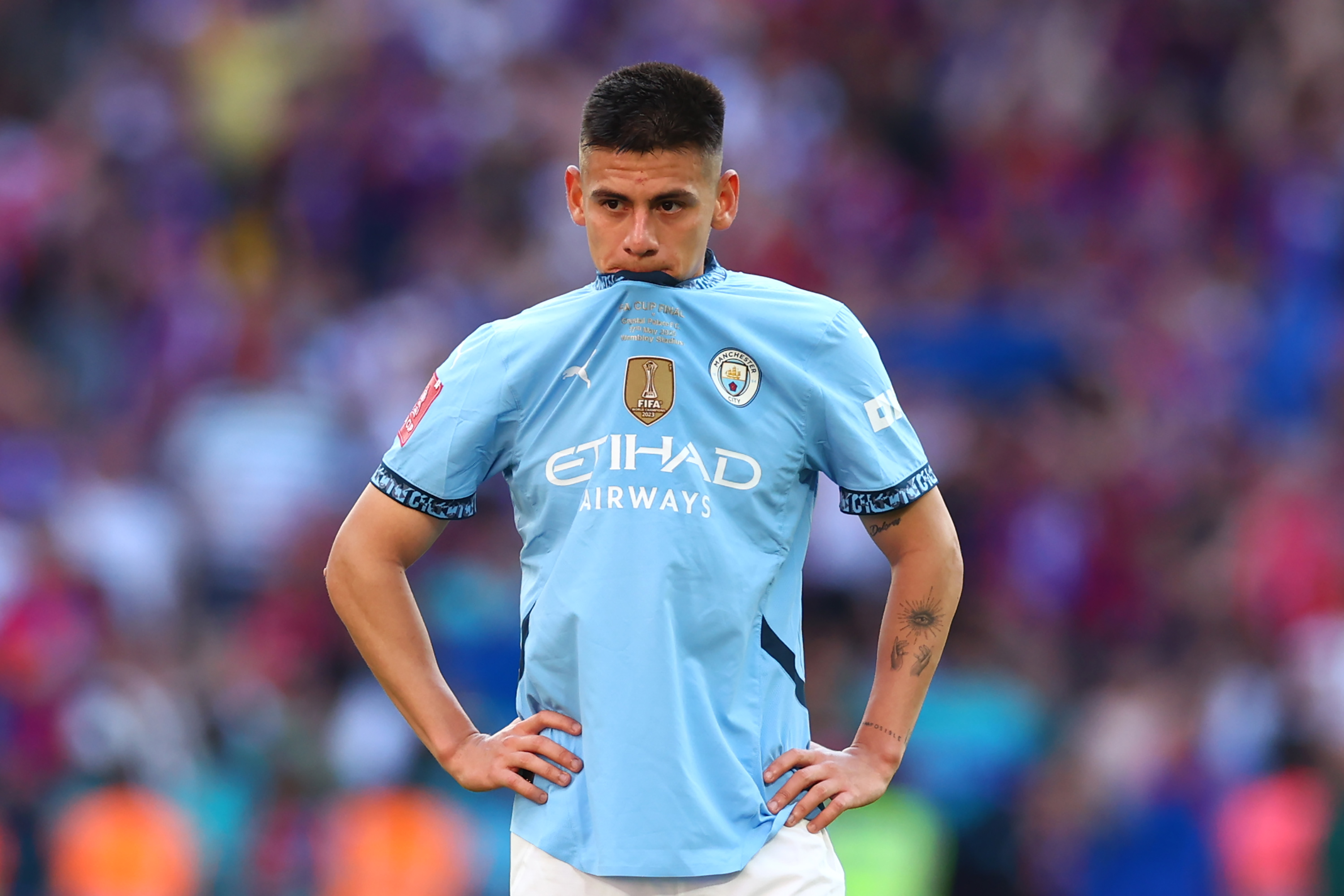 LONDON, ENGLAND - MAY 17: Claudio Echeverri of Manchester City reacts at the end of the Emirates FA Cup Final match between Crystal Palace and Manchester City at Wembley Stadium on May 17, 2025 in London, England. (Photo by Chris Brunskill/Fantasista/Getty Images)