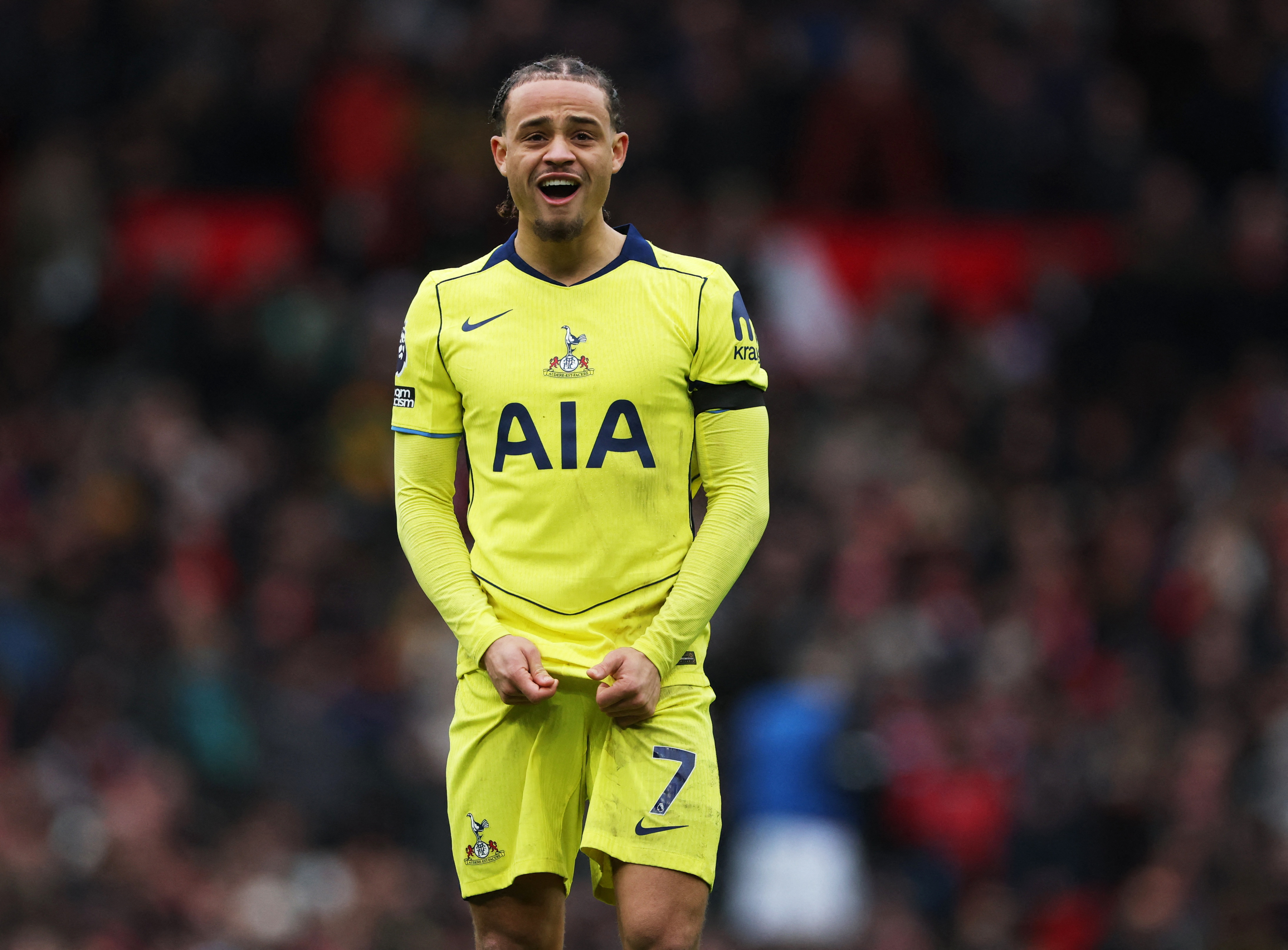 Soccer Football - Premier League - Manchester United v Tottenham Hotspur - Old Trafford, Manchester, Britain - February 7, 2026 Tottenham Hotspur's Xavi Simons reacts REUTERS/Phil Noble EDITORIAL USE ONLY. NO USE WITH UNAUTHORIZED AUDIO, VIDEO, DATA, FIXTURE LISTS, CLUB/LEAGUE LOGOS OR 'LIVE' SERVICES. ONLINE IN-MATCH USE LIMITED TO 120 IMAGES, NO VIDEO EMULATION. NO USE IN BETTING, GAMES OR SINGLE CLUB/LEAGUE/PLAYER PUBLICATIONS. PLEASE CONTACT YOUR ACCOUNT REPRESENTATIVE FOR FURTHER DETAILS..