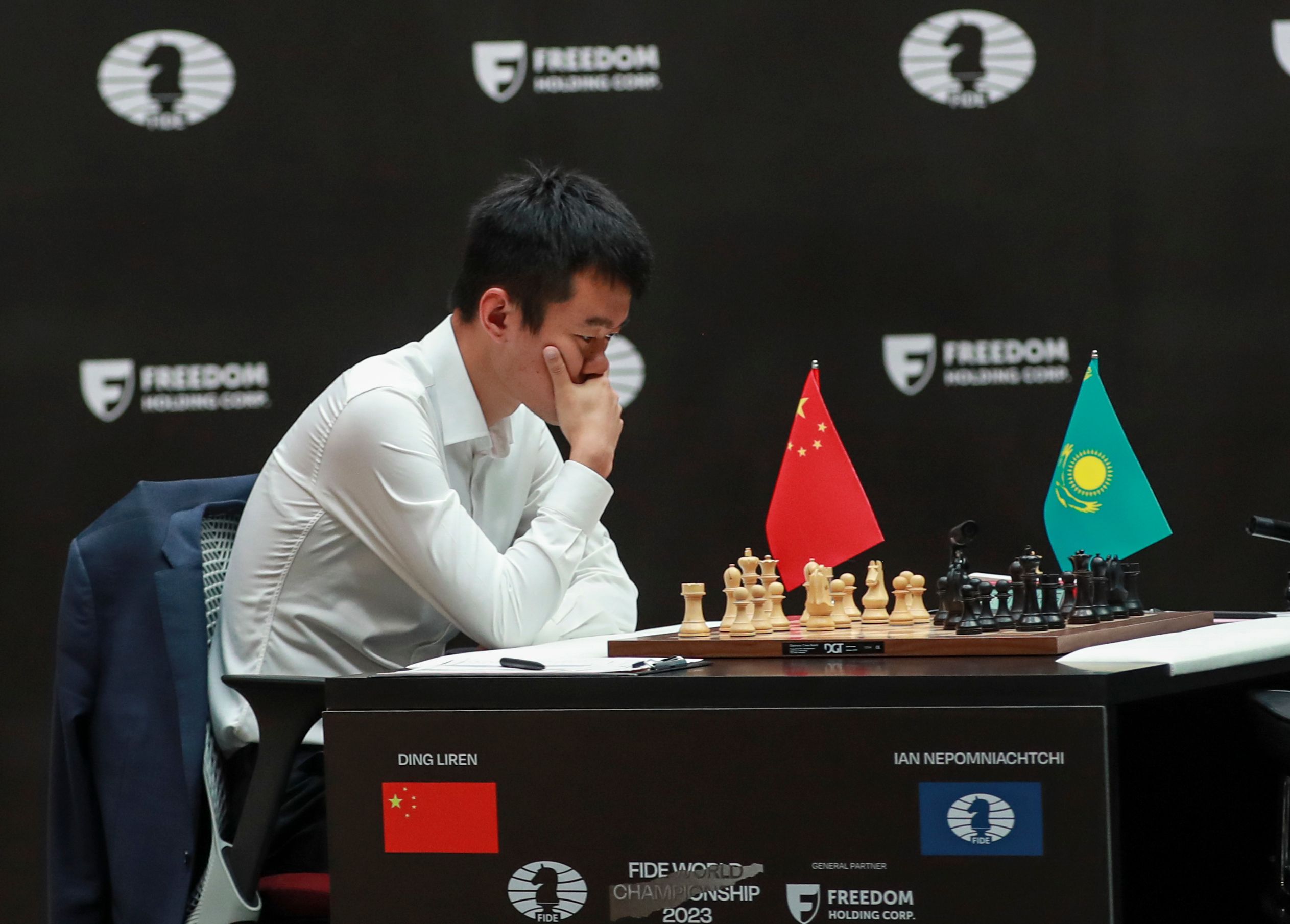 China's Ding Liren plays against Russia's Ian Nepomniachtchi