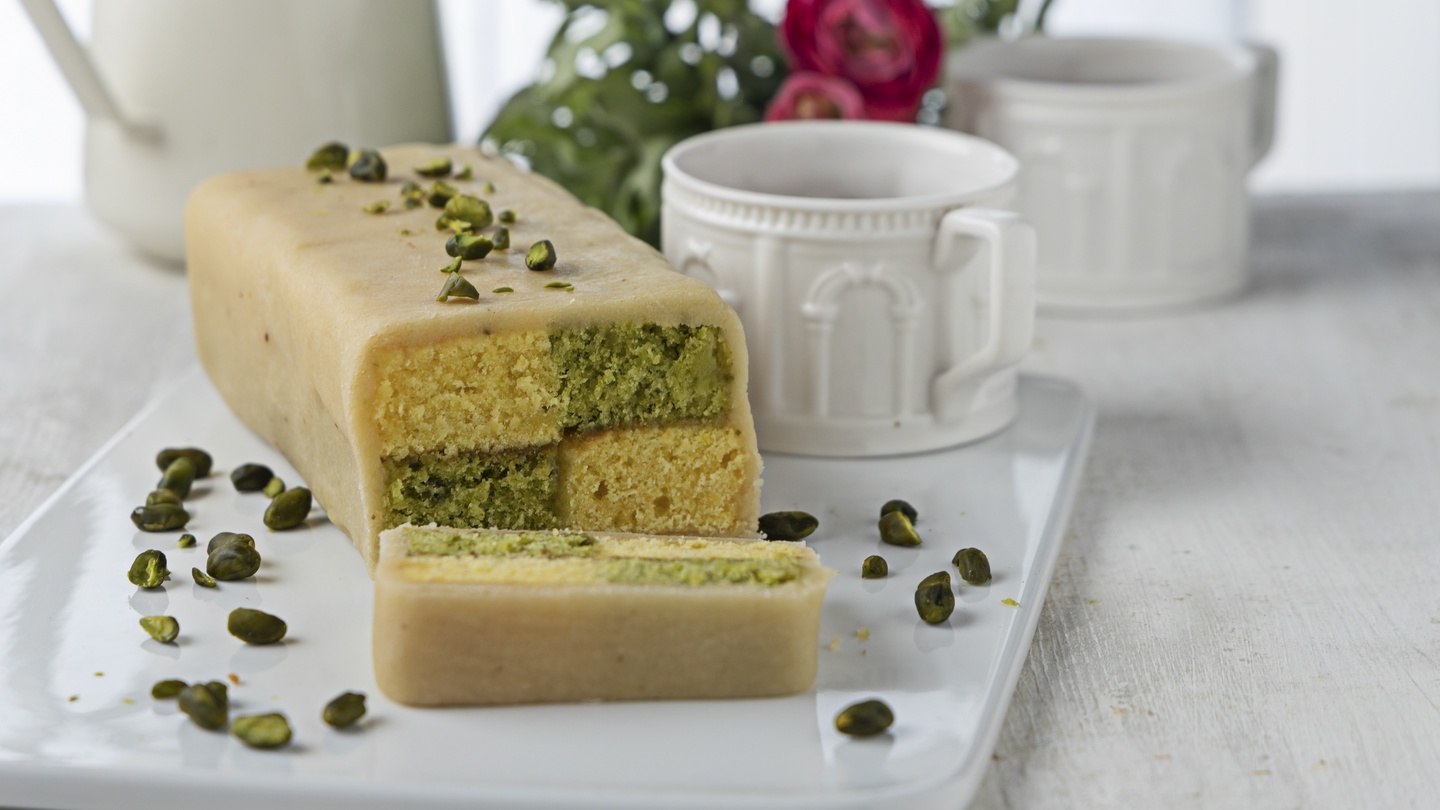 Pistachio Lemon Battenberg Cake with Pistachio Marzipan - Little Sugar Snaps