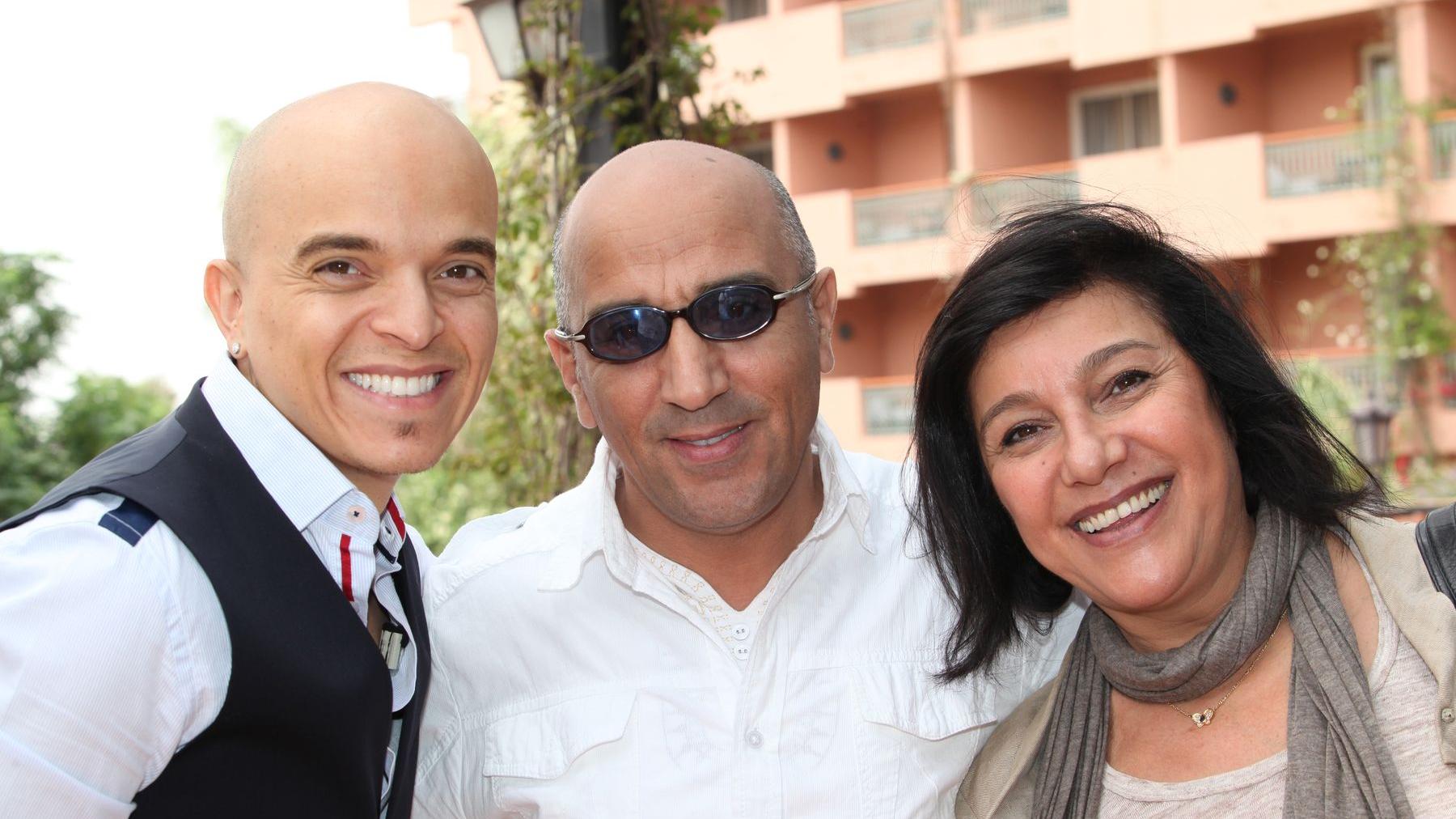 Les humoristes Rachid Badouri et Hassan El Fad aux côtés de Monique El Graichi, Madame RP du MDR 2013
