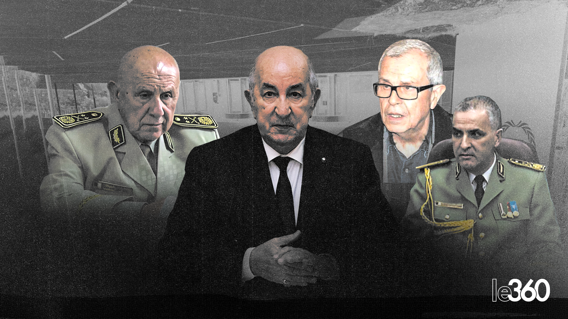 Le président algérien Abdelmadjid Tebboune. En arrière plan: les généraux Djebbar M'henna, Mohamed Mediène dit Toufik et Nacer El Djenn.