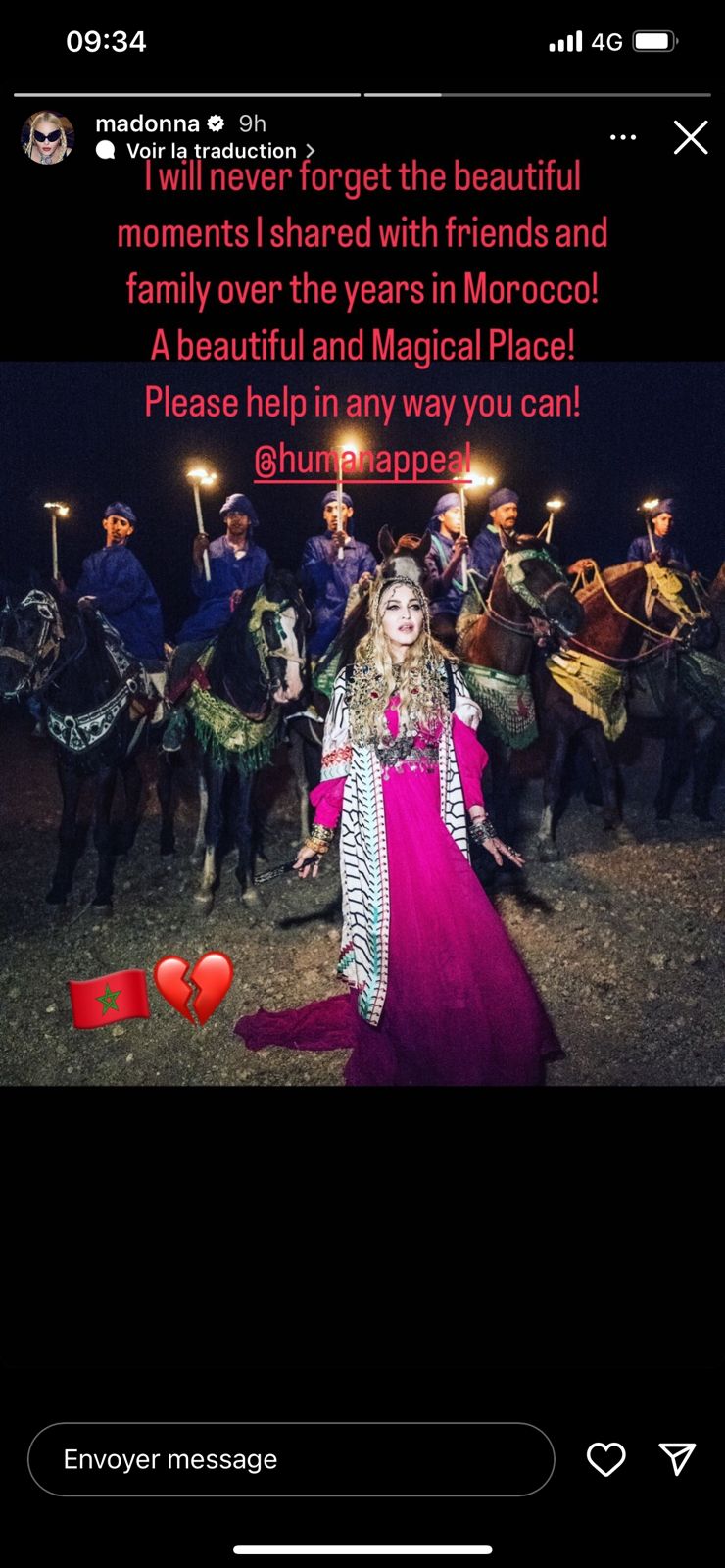 Madonna a partagé le 15 septembre 2023, dans une story sur instagram, une photo prise de lors de la célébration de 60ème anniversaire, en août 2018, prise dans le désert d'Agafay, à Marrakech, pour y exprimer son attachement au Maroc et lancer un appel aux dons.