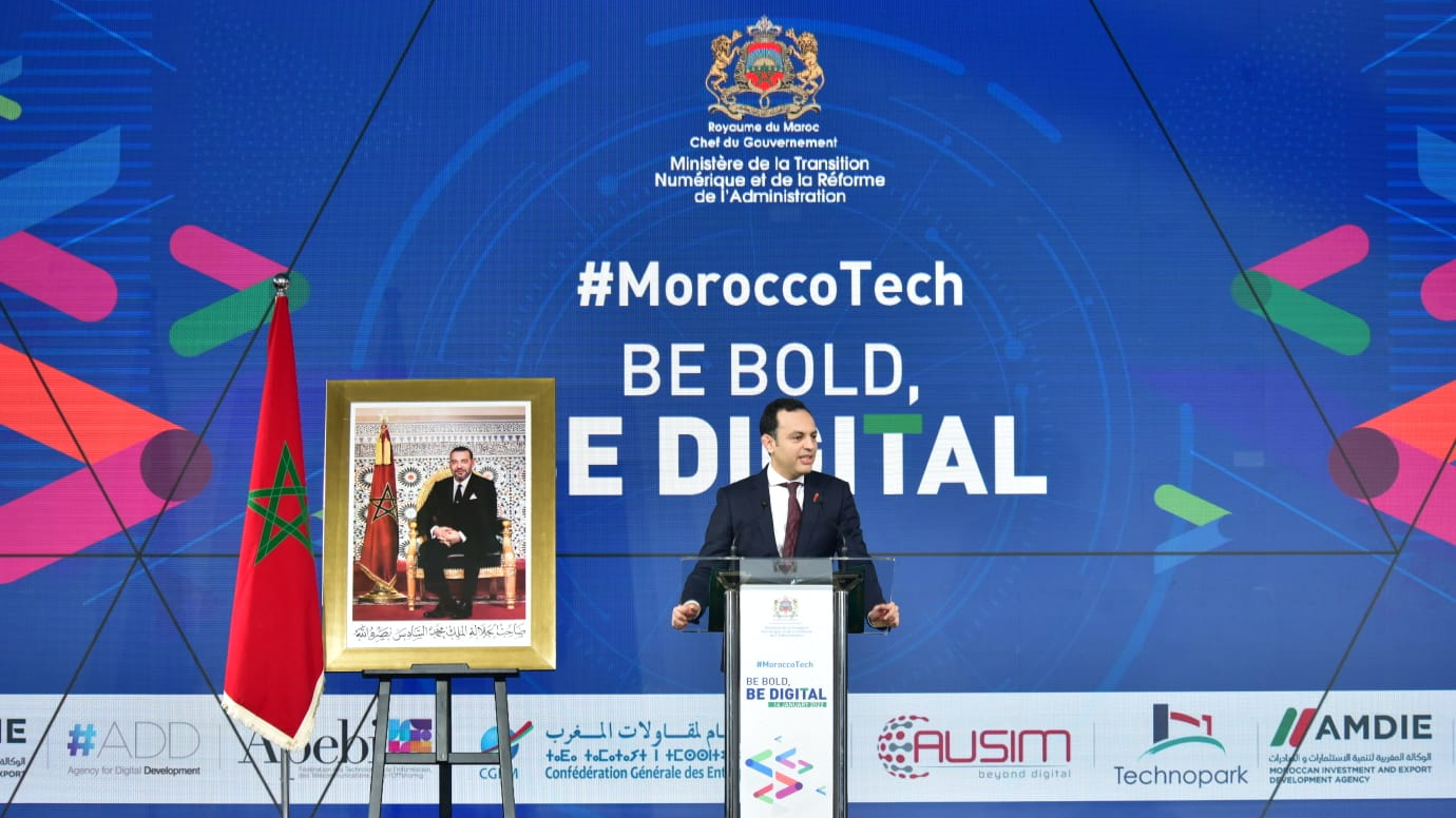Younes Sekkouri, ministre de l’Inclusion Economique de la Petite Entreprise, de l’Emploi et des Compétences lors de la cérémonie de lancement de la marque «MoroccoTech», vendredi 14 janvier 2022.

