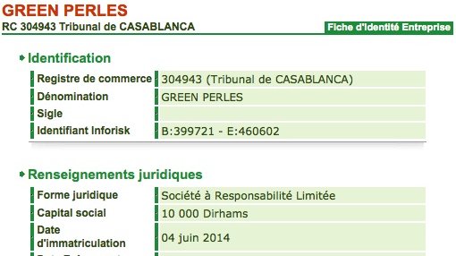 Selon la base de données Inforisk, la plus fiable du Maroc, la société Green Perles a été créée le 4 juin 2014. Son capital est de 10.000 dirhams seulement alors qu’elle a «prêté» au club de Berkane 300.000 dirhams.
