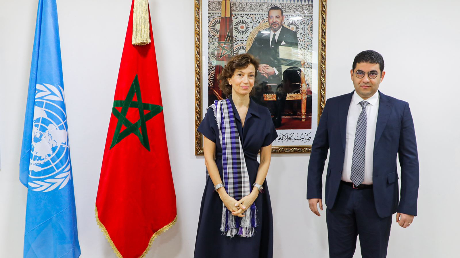 Audrey Azoulay, directrice de l'UNESCO, lors de la visite au Maroc en mars 2022 et Mehdi Bensaïd, ministre de la Culture, vendredi 25 mars 2022.
