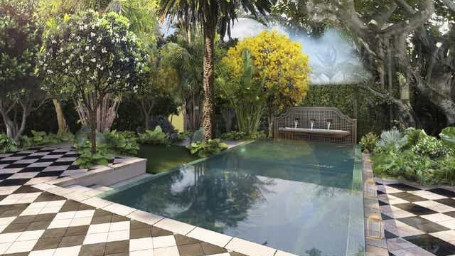 La piscine, oasis de fraicheur, elle aussi d'inspiration marocaine avec sa fontaine en zelliges.
