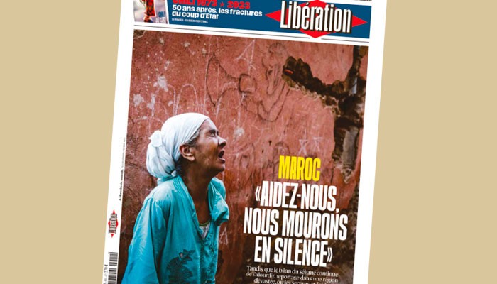 La "Une" de Libération, le 11 septembre 2023, consacrée au séisme qui a frappé le Maroc le 8 septembre.