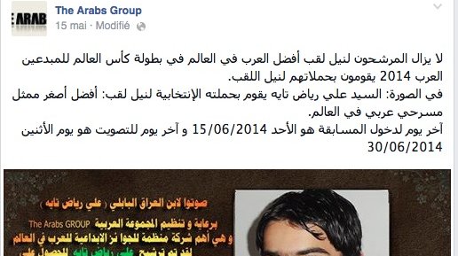 Il n’y a pas de catégories prédéterminées dans ces fameux Awards. Au début des candidatures sur facebook, un irakien de 13 ans s’est auto nominé dans la catégorie du plus jeune acteur de théâtre arabe.
