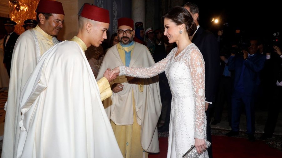 Le prince Moulay El Hassan avec le roi Mohammed VI, le prince Moulay Rachid et la reine Leitiza d'Espagne, le 13 février 2019 à Rabat.
