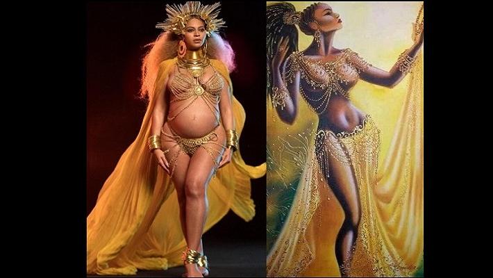 A g., la superstar Beyoncé aux Grammy Awards et à droite la déesse Oshun, de la fertilité dans la croyance yoruba. 