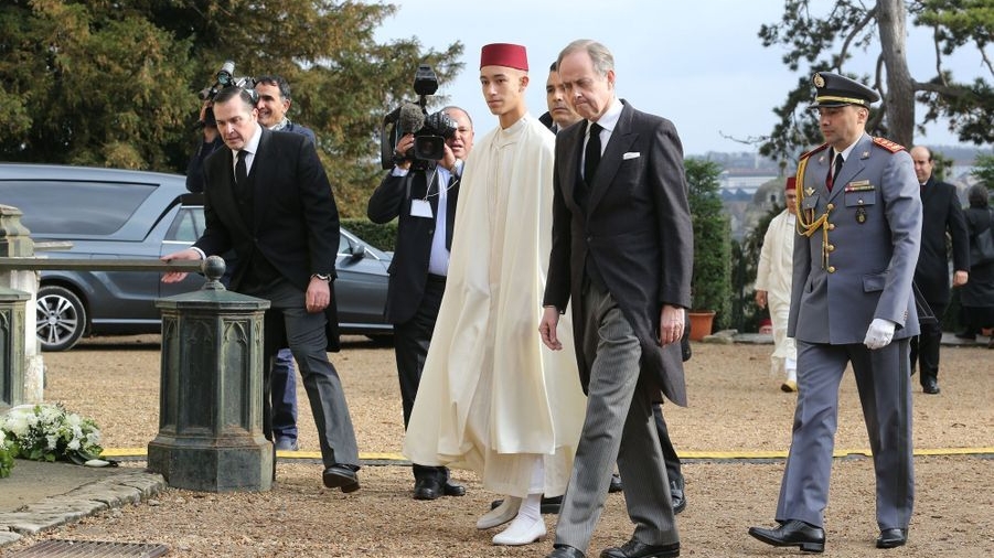 Le prince Moulay El Hassan le 2 février 2019 aux obsèques d'Henri d'Orléans, compte de Paris à Dreux.
