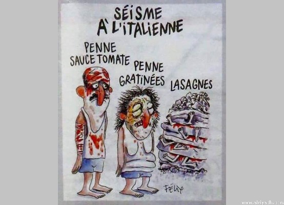 رسم كاريكاتوري لمجلة شارلي إيبدو عن زلزال إيطاليا