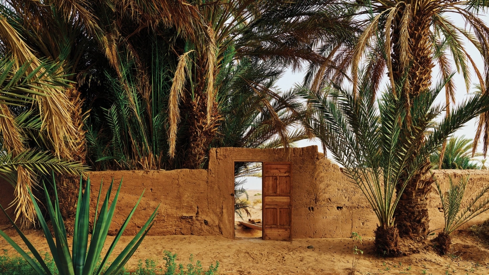 Le jardin clos de l'hôtel Dar Paru à M'Hamid, avec une porte qui s'ouvre sur le Sahara.
