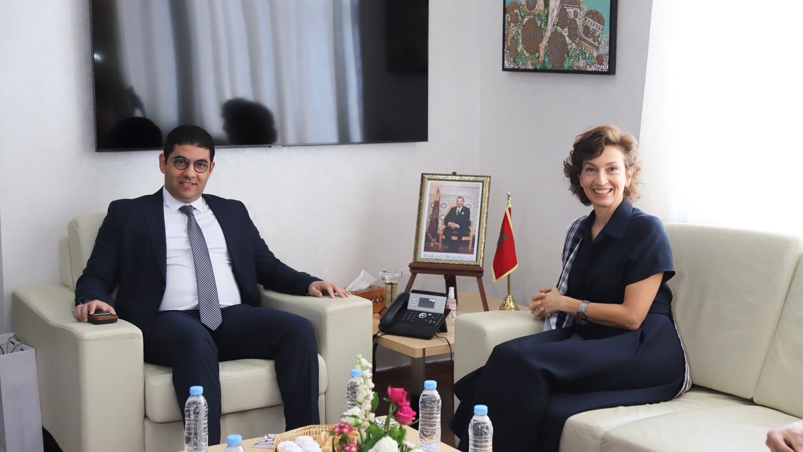 Audrey Azoulay, directrice de l'UNESCO, lors de la visite au Maroc, et Mehdi Bensaïd, ministre de la Culture, vendredi 25 mars 2022.
