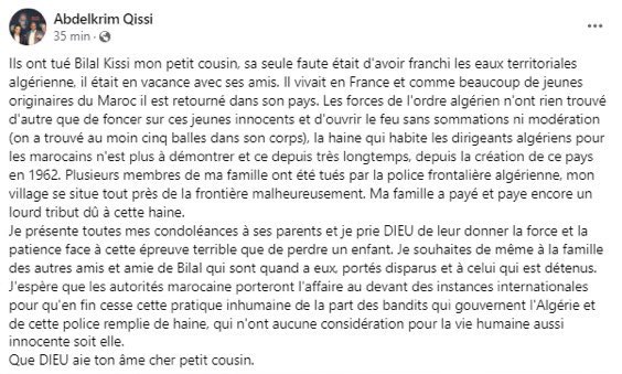 Post facebook de Abdelkrim Qissi, publié suite à la mort de son cousin, Bilal Kissi.