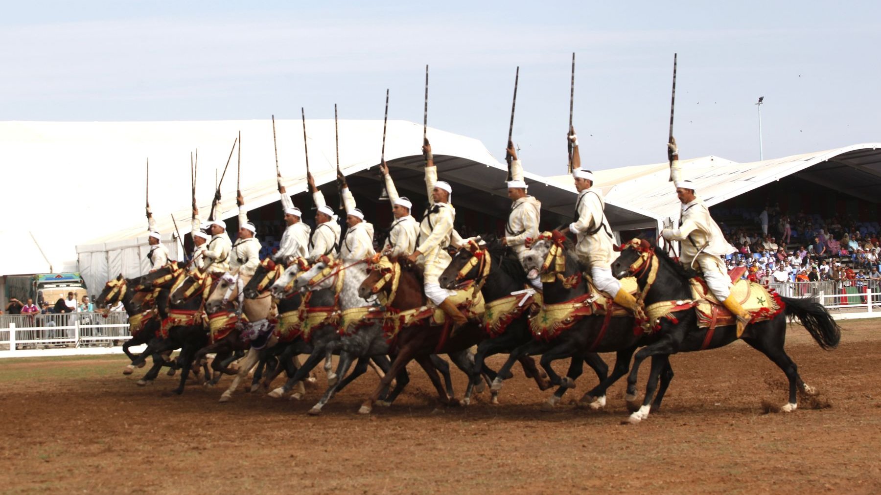 La fantasia : une tradition ancestrale au Maroc, pratiquée durant les moussems et pour fêter les saints. Vêtus de blanc, les cavaliers, fièrement dressés sur leurs nobles montures harnachées rouge et or, pointent leur fusils vers le ciel
