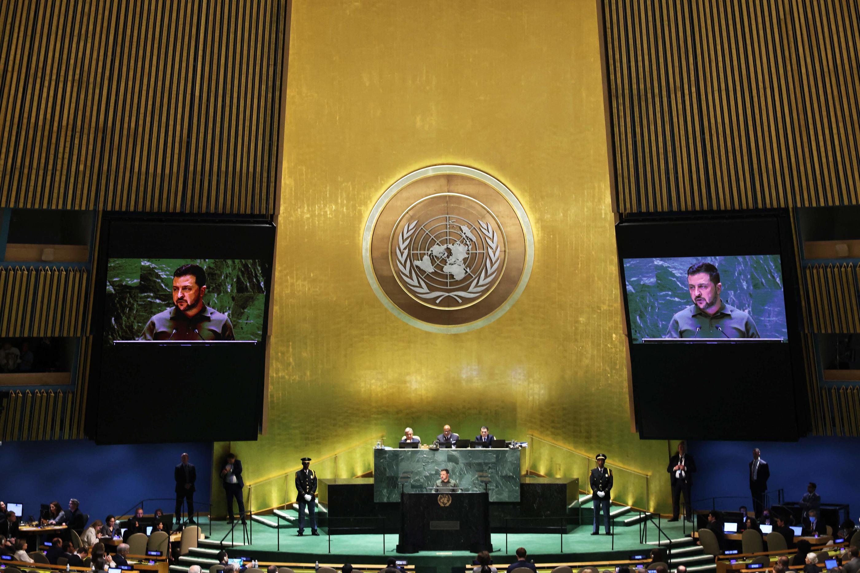 New York, le 19 septembre 2023. Le président de l'Ukraine, Volodymyr Zelensky, prend la parole lors de l'Assemblée générale des Nations Unies. AFP/Getty Images/Michael M. Santiago