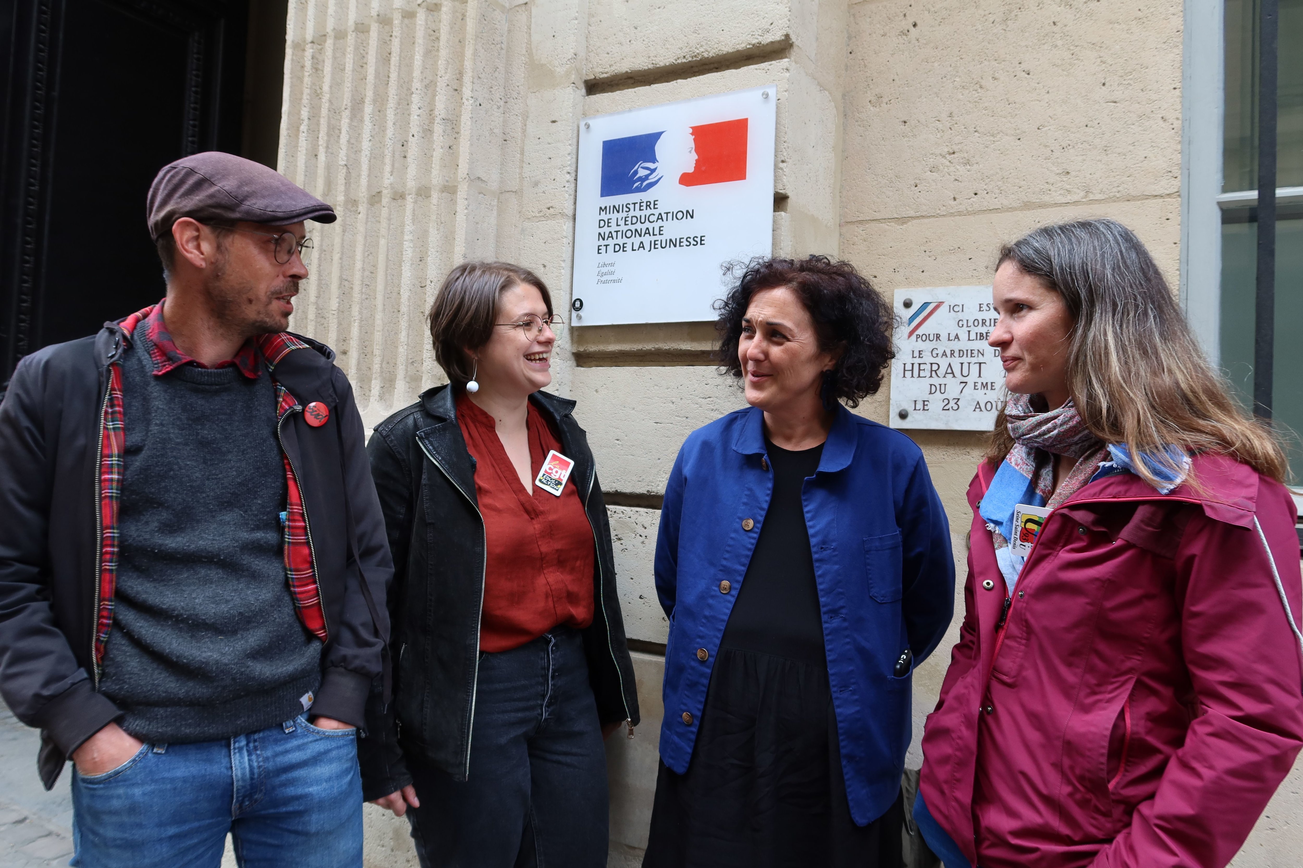 Paris (VIIe), le 15 avril. Les représentants des syndicats enseignants en Seine-Saint-Denis ont été reçus par Nicole Belloubet. De gauche à droite : Jacques Dematte (Sud Éducation 93), Zoé Butzbach (CGT Éduc'action 93), Marie-Hélène Plard (FSU-SNUipp 93) et Blandine Paulet (Snes-FSU 93). LP/A.A.