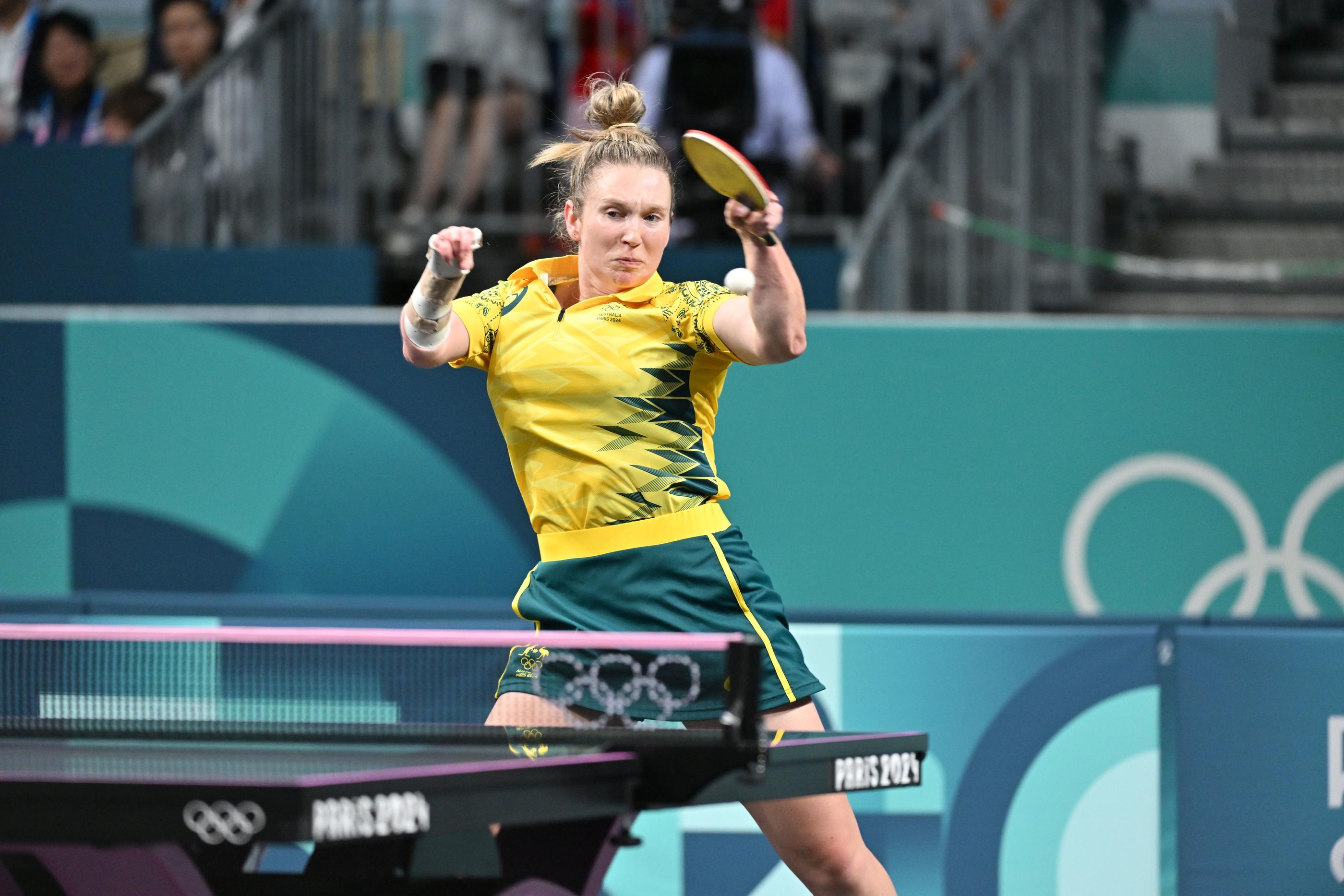 Arena Paris Sud, le 29 juillet. L'Australienne Melissa Tapper, paralysée d'un bras, est en lice pour les JO, avant d'enchaîner avec les paralympiques. ITTF