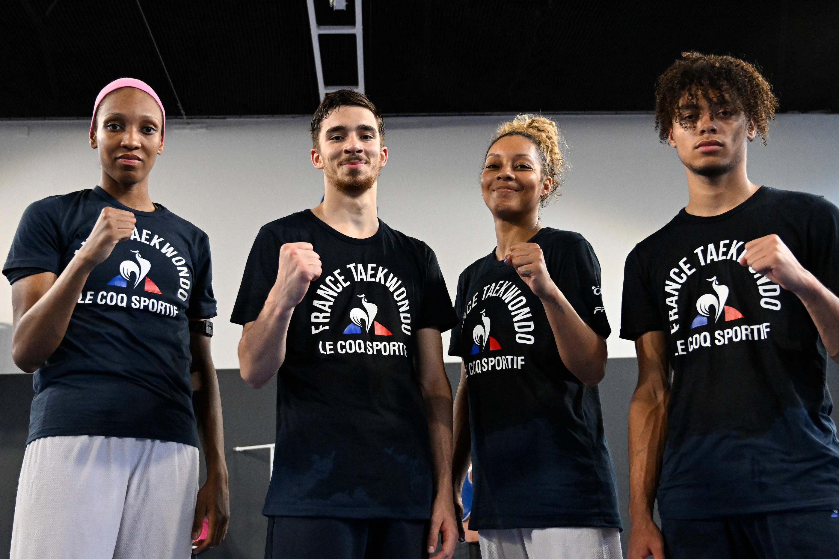 Saint-Raphaël, le 4 juin. Althéa Laurin, Souleyman Alaphilippe, Magda Wiet-Hénin et Cyrian Ravet vont combattre pour la France en taekwondo. Seule la troisième n'est pas licenciée au club d'Asnières (Hauts-de-Seine). ICON SPORT/Pascal Della Zuana