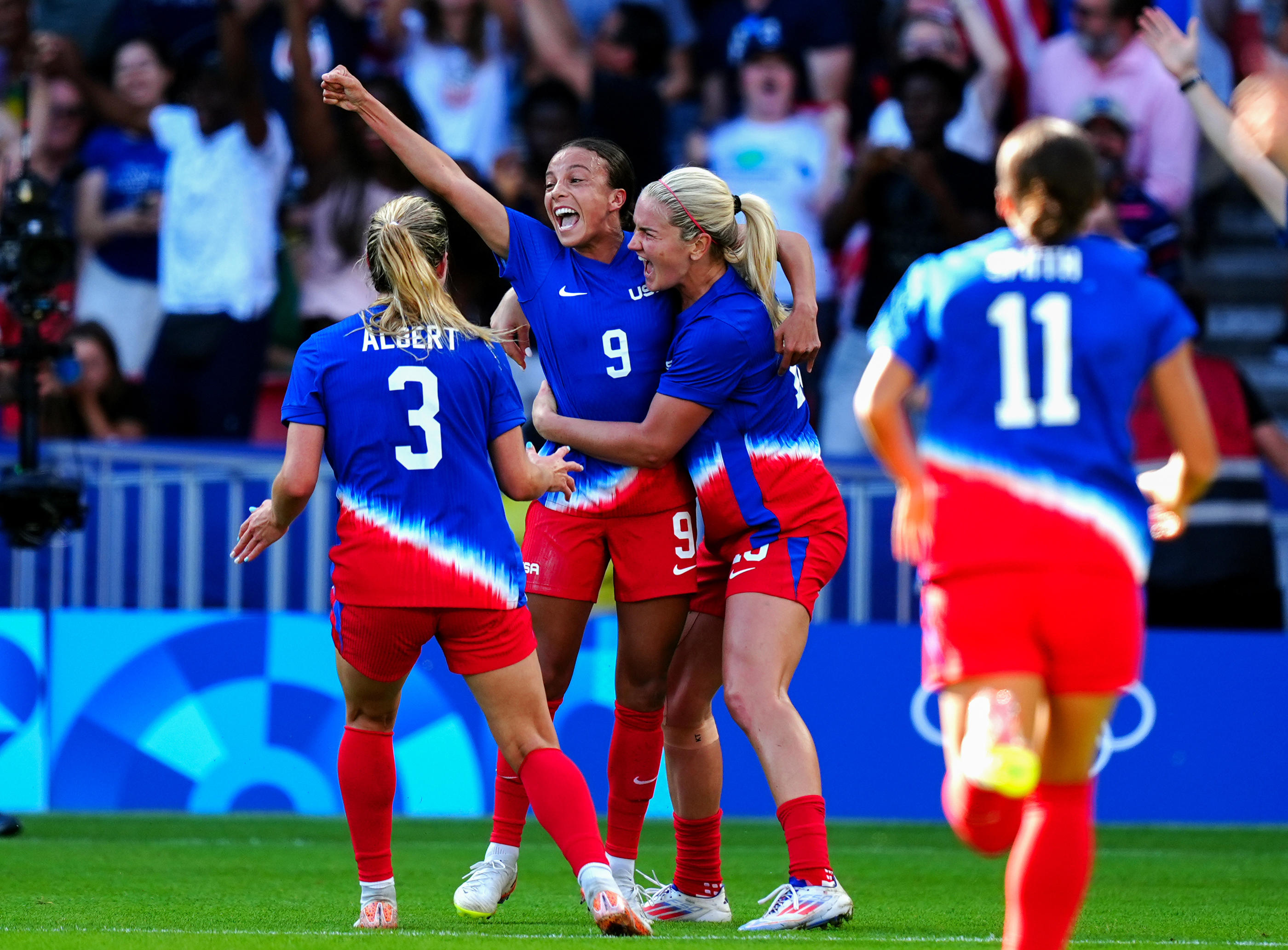 USA's Mallory Swanson celebrates scoring the opening goal during the Women's Gold Medal Match against Brazil, at Parc des Princes, Paris, on the fifteenth day of the 2024 Paris Olympic Games in France. Picture date: Saturday August 10, 2024.