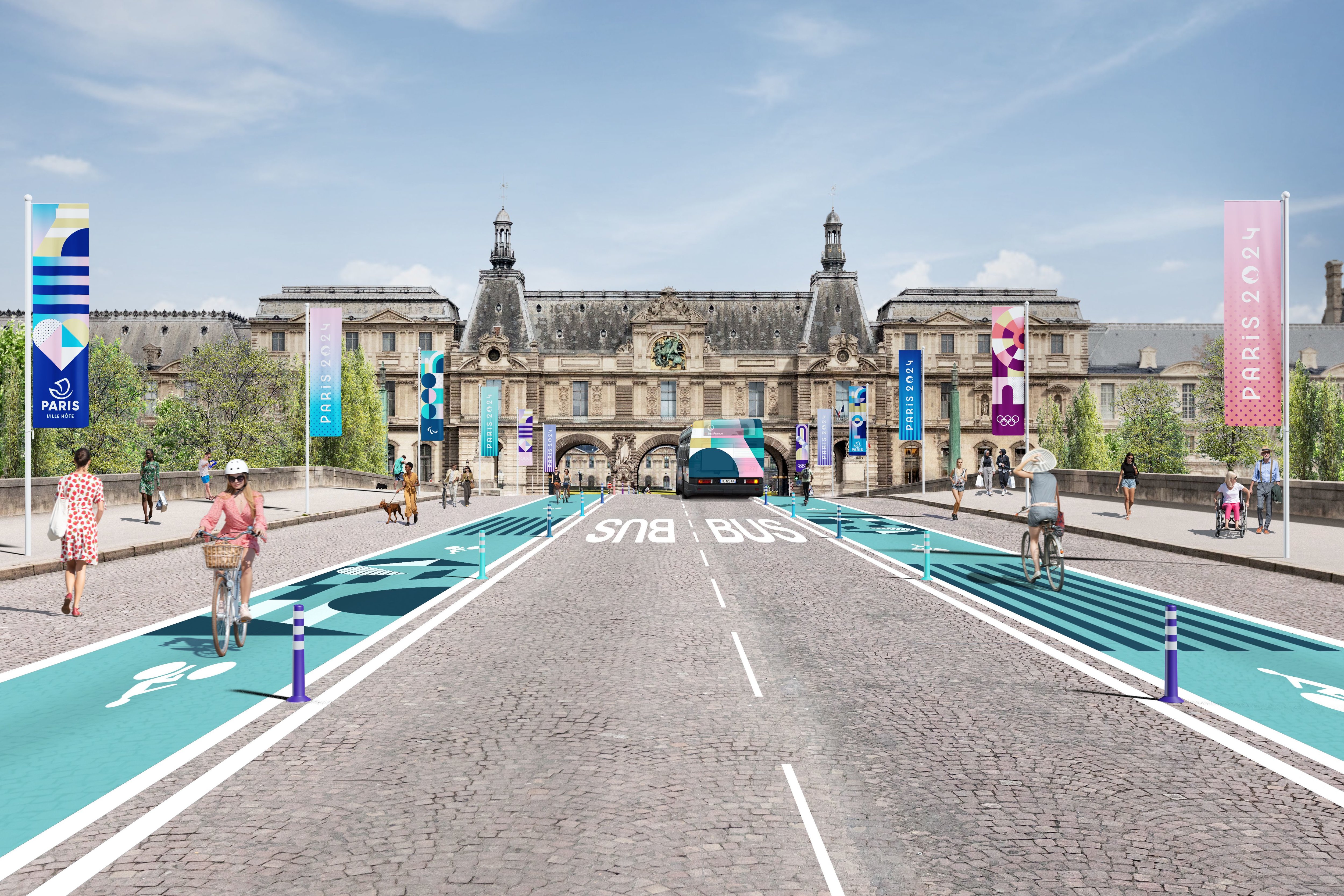 Un réseau de pistes cyclables est aménagé afin de relier les principaux sites des épreuves olympiques. Ici le pont du Carroussel à Paris. (Visuel Ville de Paris)