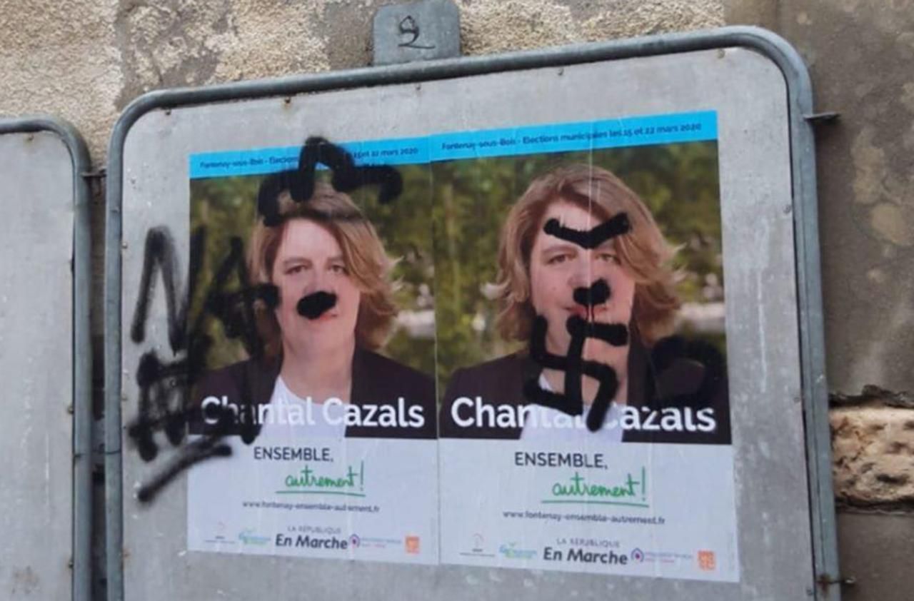 <b></b> Fontenay-sous-Bois, ce mardi. Des croix gammées ont été taguées sur les affiches de campagne de la candidate LREM Chantal Cazals. 