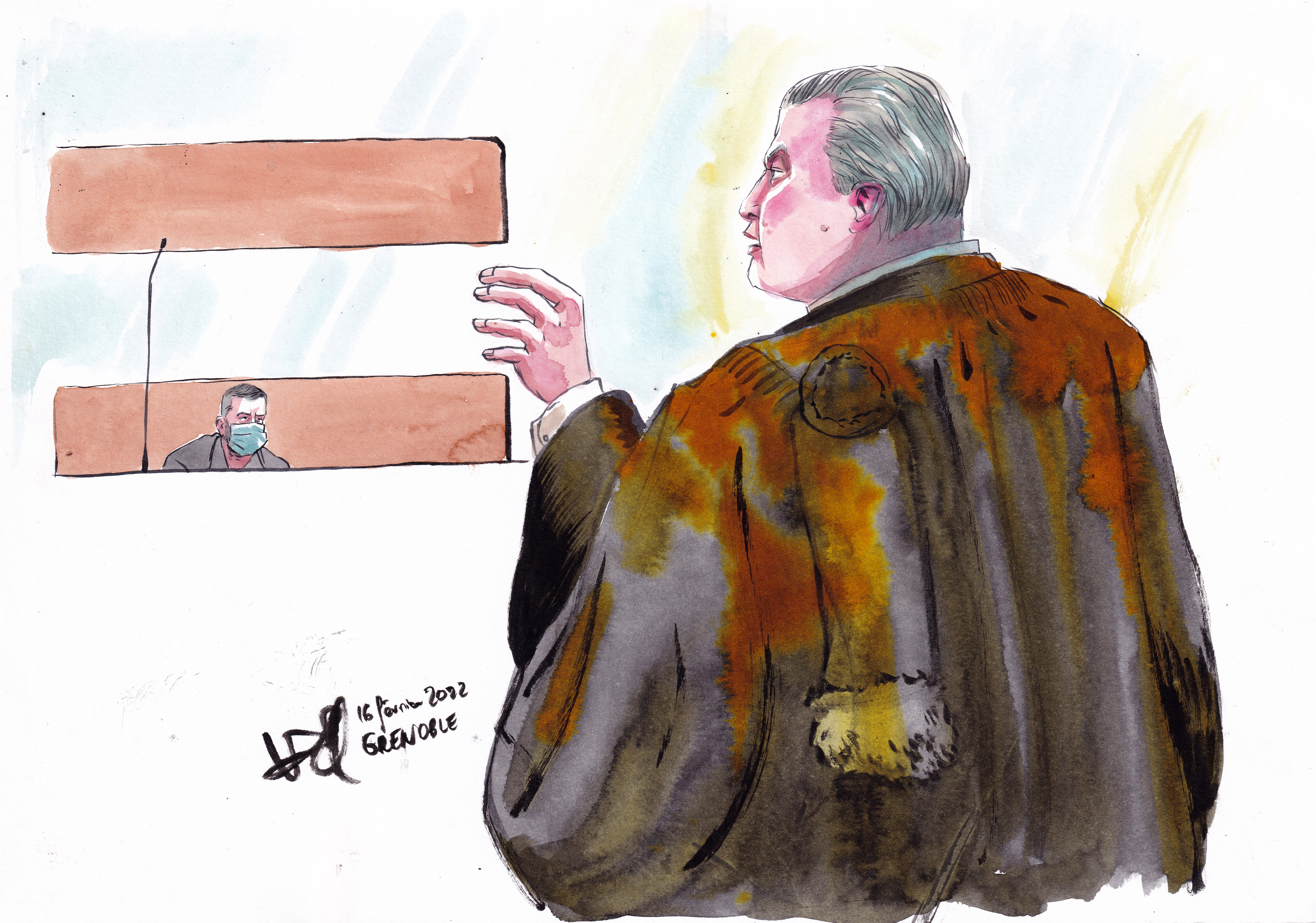 Au procès de Nordalh Lelandais mercredi 16 février, Me Laurent Boguet, avocat du père de Maëlys, a parlé au nom de la fillette en s'adressant à l'accusé, mutique. Dessin Valentin Pasquier pour Le Parisien