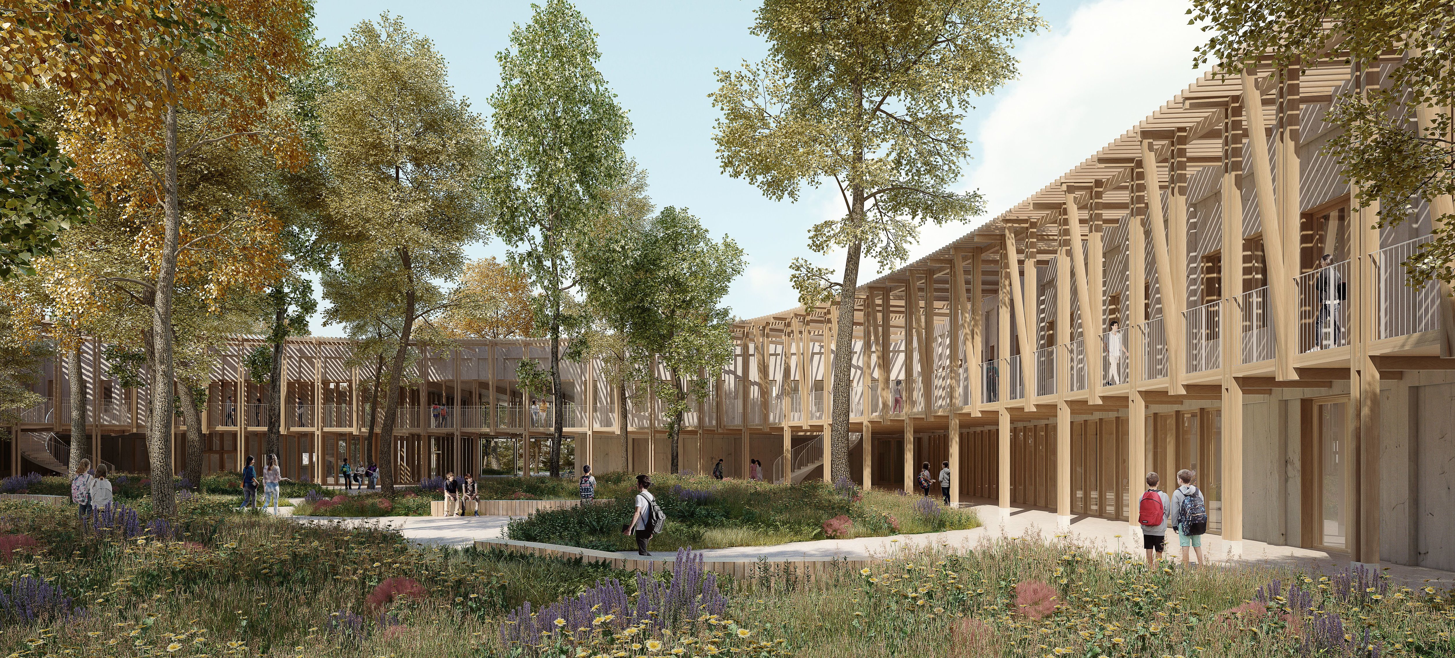 Le futur collège de Fleury-Mérogis (ici une vue d'architectes) pourra accueillir 800 élèves. Il devrait ouvrir ses portes en septembre 2026. Agence K Architectures/RAR-Romain Ghomari