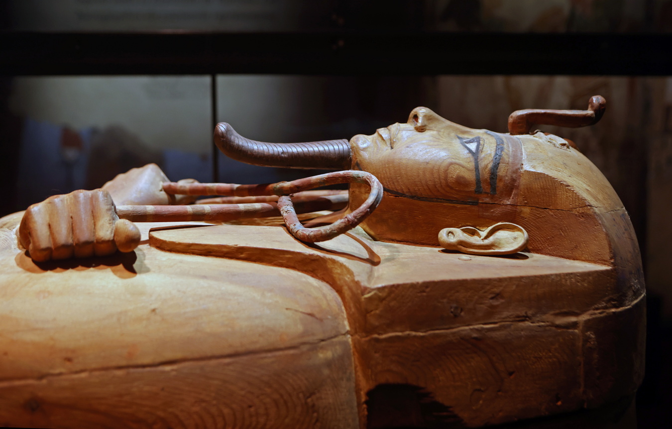 Le sarcophage en bois peint de Ramsès II le représente bras croisés sur la poitrine, avec les deux sceptres royaux, portant la coiffe appelée némès et une barbe postiche tressée. Getty/Chesnot