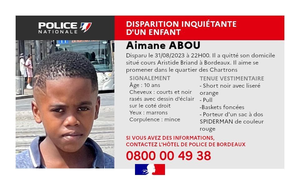 Disparition inquiétante d'Aimane Abou, un enfant de dix ans, à Bordeaux, le 31 août 2023. Police nationale de Gironde