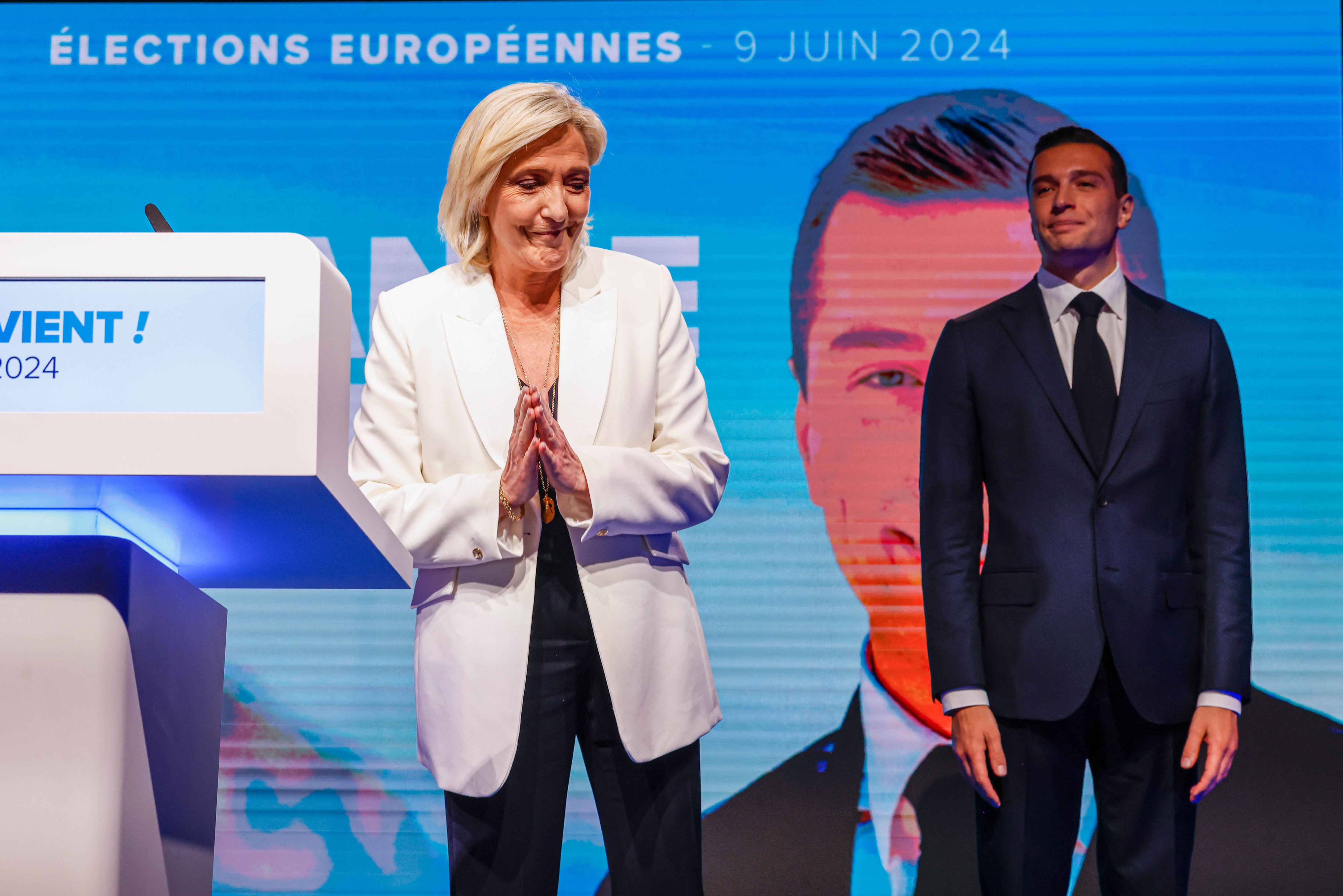 Paris, dimanche 9 juin. En cas de victoire du RN, Jordan Bardella pourrait devenir Premier ministre. Mais Marine Le Pen et lui préfèrent tenir un discours de prudence à l’endroit de leurs électeurs. LP/Olivier Corsan