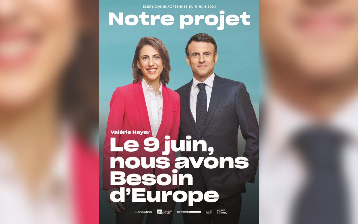 La tête de liste Valérie Hayer et le président Emmanuel Macron, en couverture de la profession de foi de la candidate de la majorité. DR