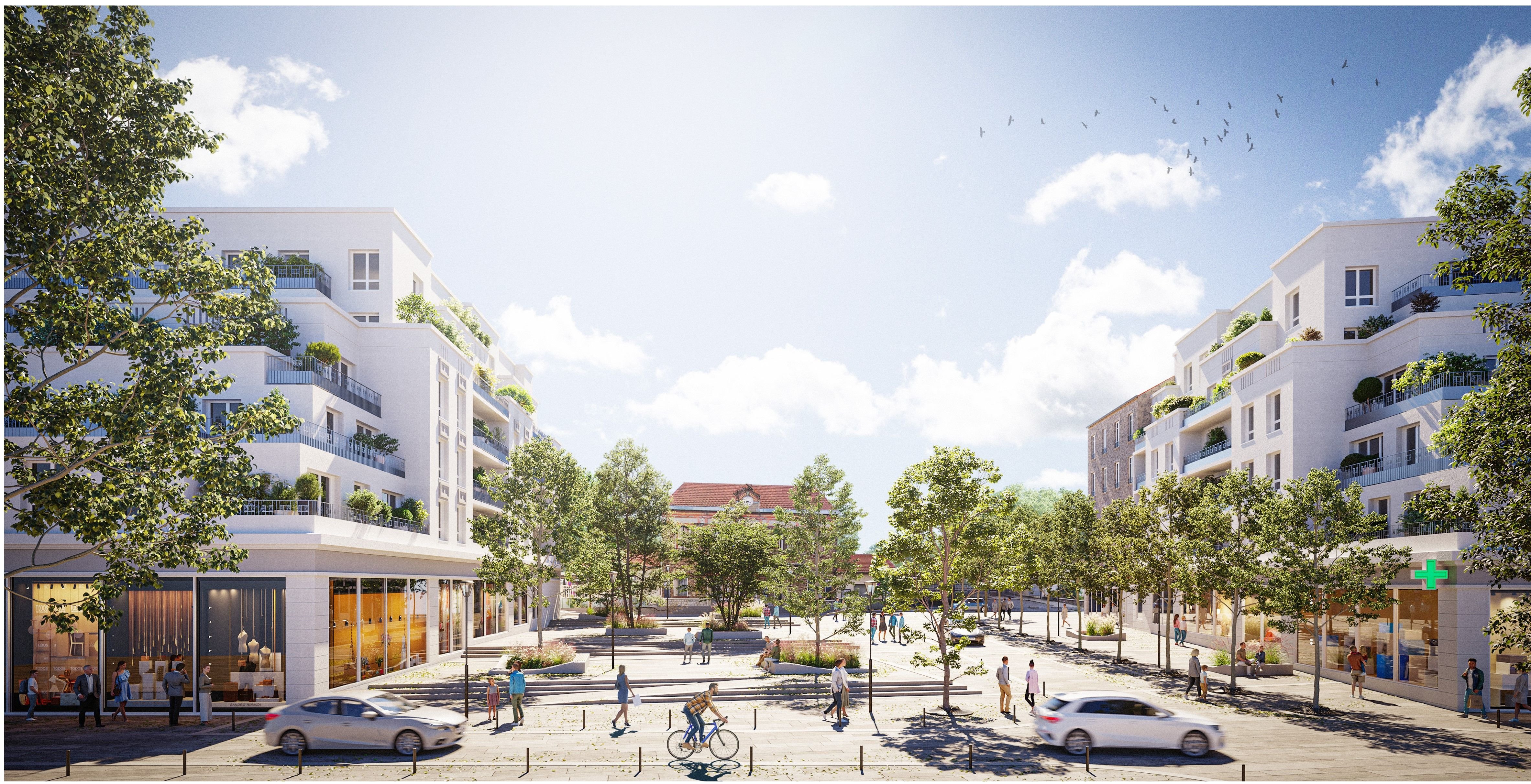 Voici le visage du futur parvis de la gare de Villeneuve-le-Roi, où des immeubles avec logements, commerces et maison de santé seront construits. Le parking sera enterré pour laisser place à un parvis piéton végétalisé. DR