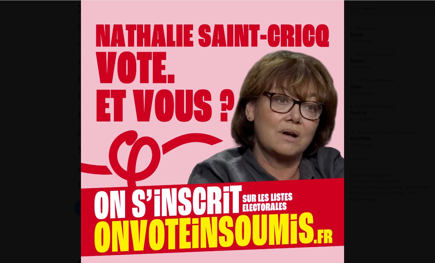 Sur les réseaux sociaux, La France Insoumise avait diffusé un montage visant la journaliste Nathalie Saint-Cricq. Capture d'écran X/FranceInsoumise