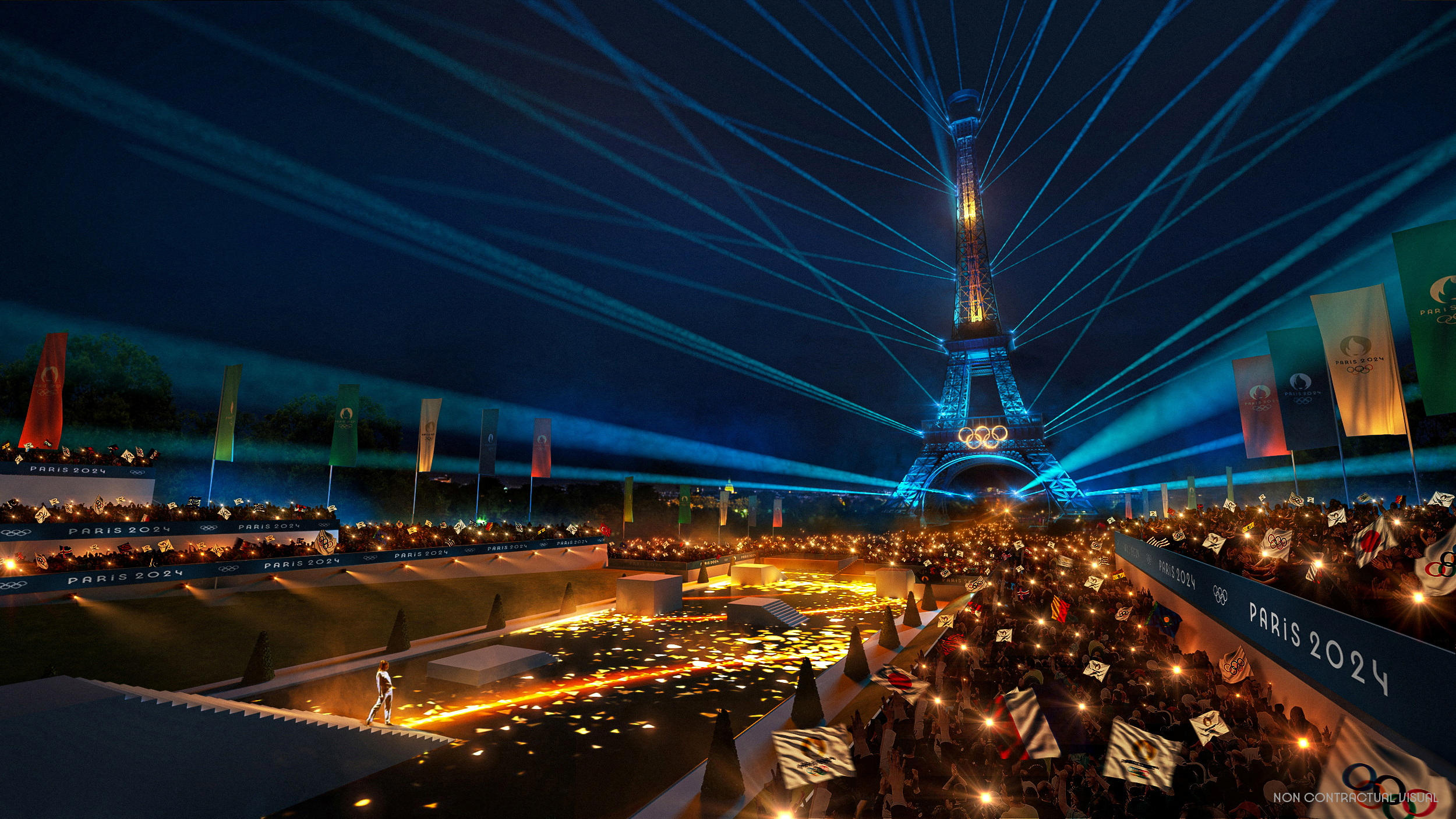 Projection de la cérémonie d'ouverture des JO dans un an, le 26 juillet 2024. Paris 2024/Florian Hulleu