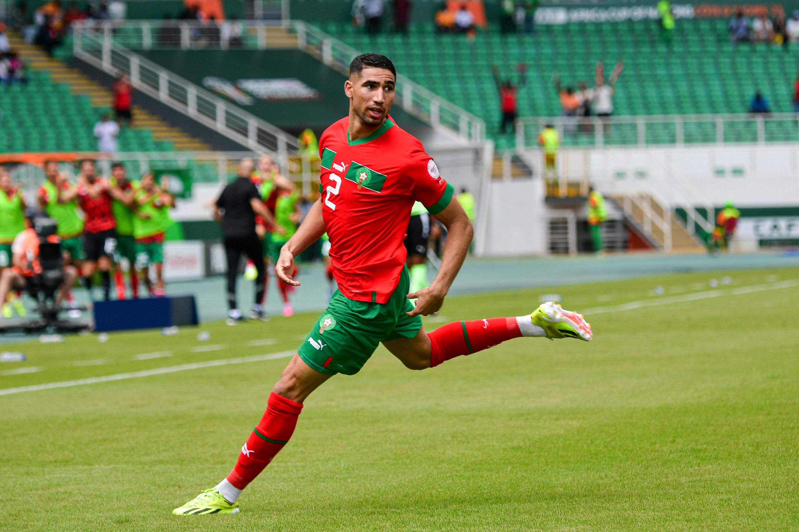 Achraf Hakimi a ouvert le score pour le Maroc face à la RDC. (Photo by SIA KAMBOU / AFP)