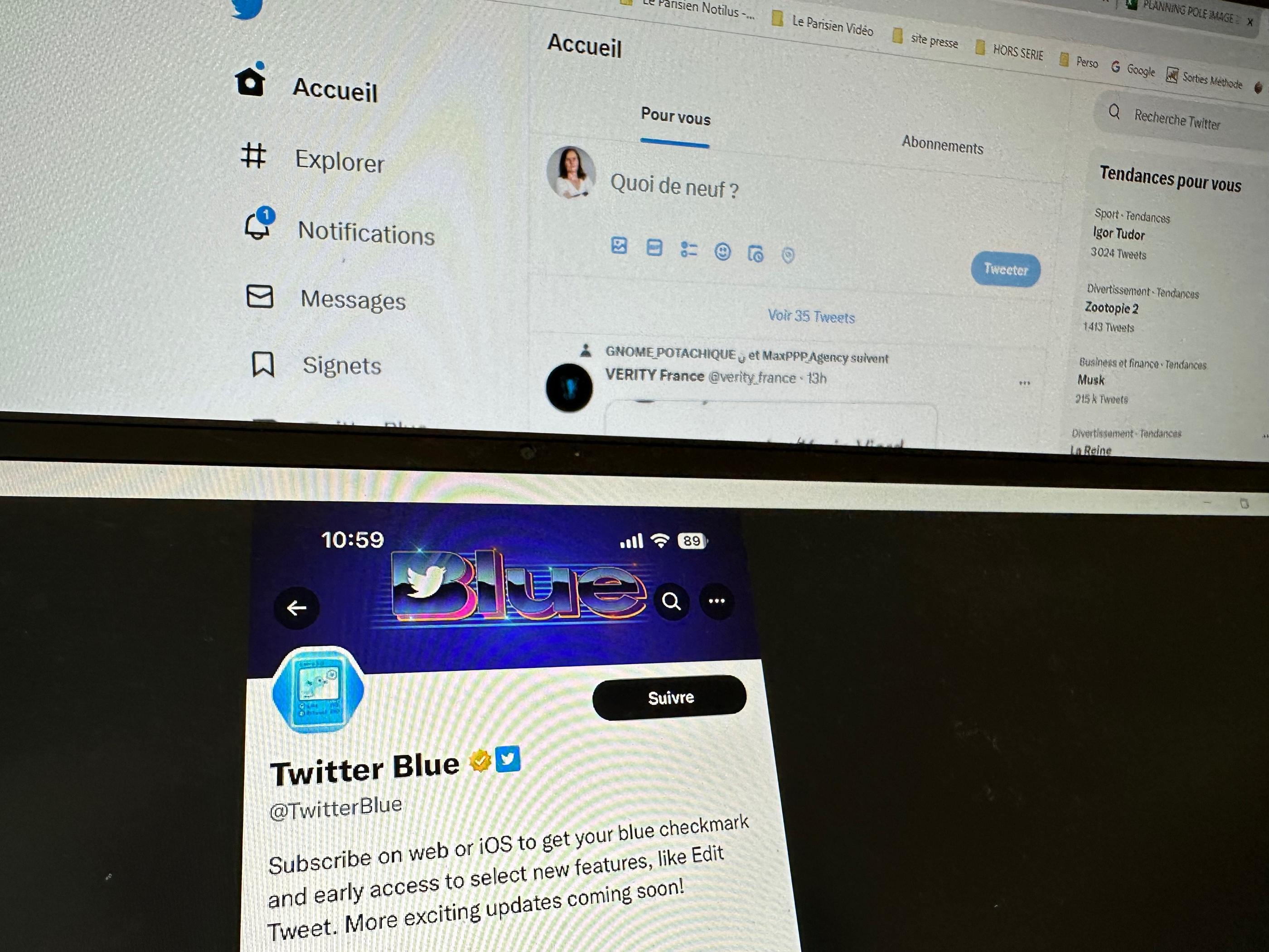 Twitter Blue est un abonnement payant à 11 euros/mois proposé par Twitter qui offre des fonctionnalités supplémentaires, dont un message de 4000 signes. LP/Aurélie Audureau