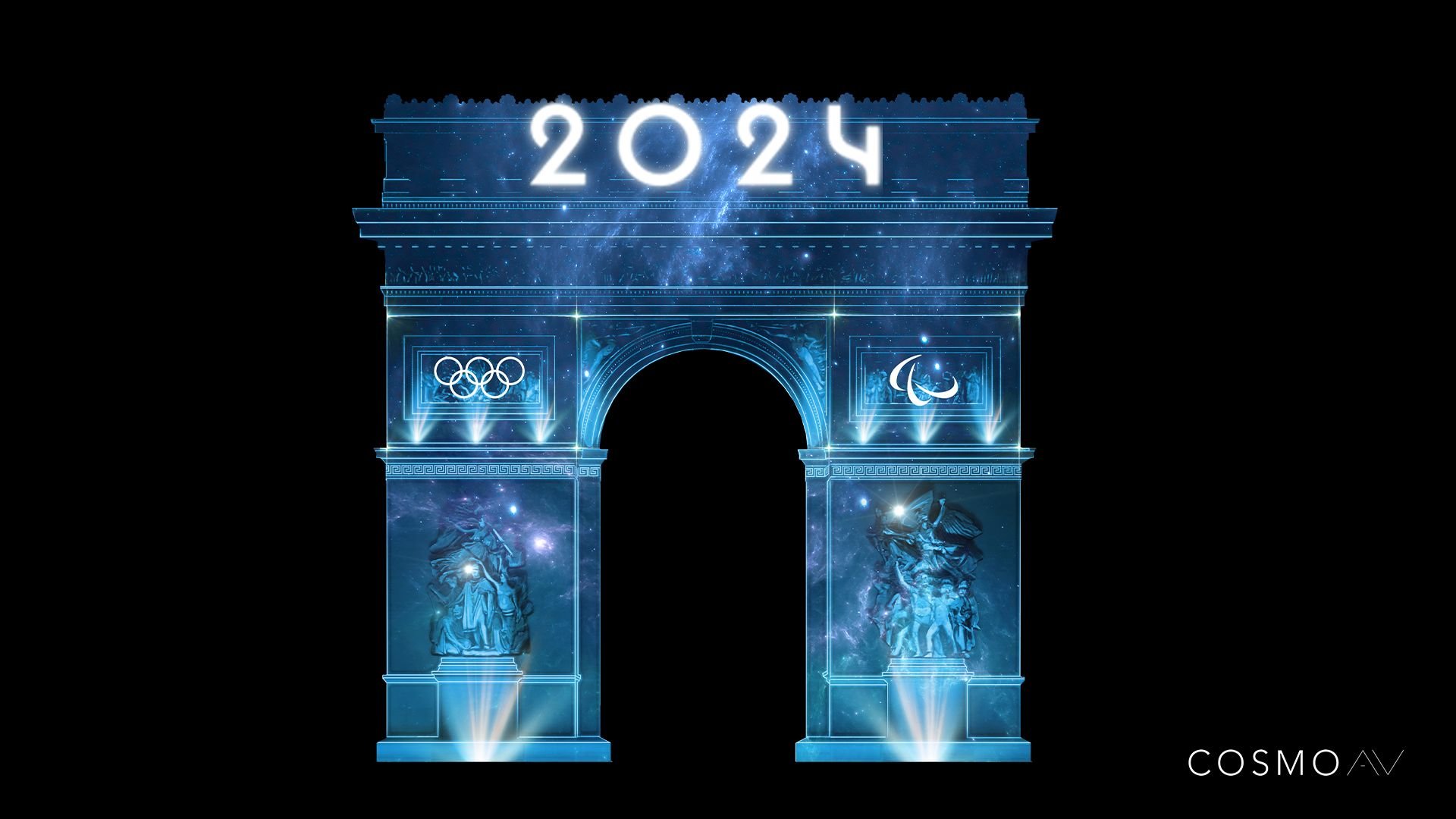 Le mapping vidéo sur l'Arc de Triomphe aura pour thème les JO, et notamment la transformation de la capitale pour accueillir athlètes et touristes. Cosmo AV