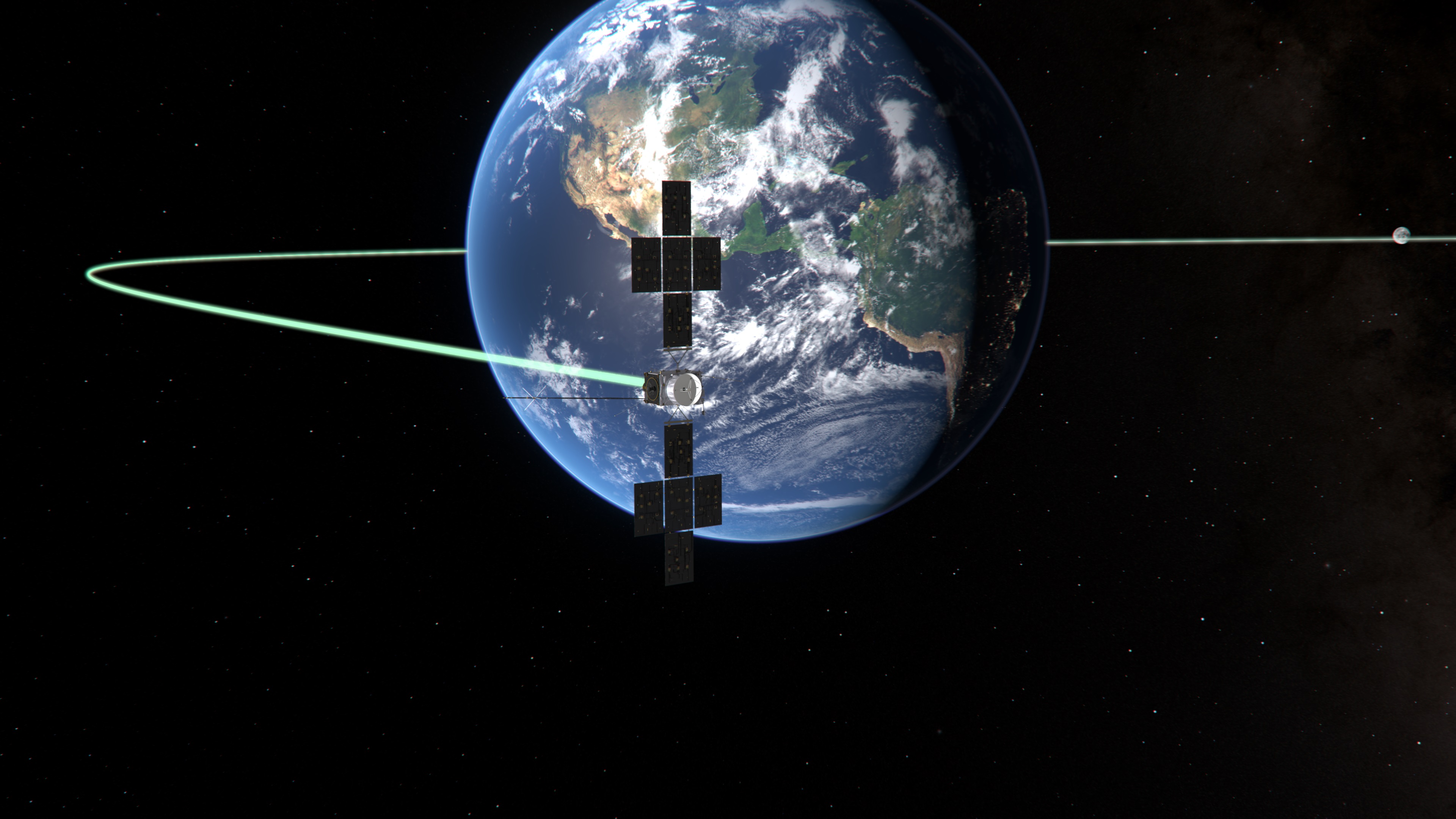 Vue d'artiste de la sonde Juice, survolant la Terre après avoir profité de l'assistance gravitationnelle de la Lune. ESA