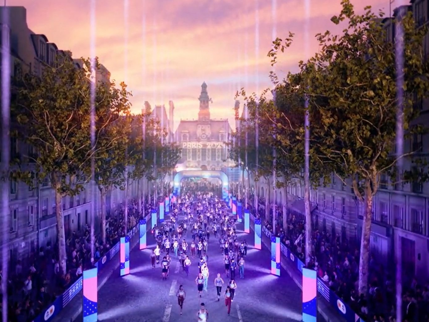 Les coureurs du Marathon pour tous auront droit à un spectacle sonore et lumineux prometteur dès le départ sur le parvis de l'Hôtel de Ville de Paris, ce samedi soir (Image de synthèse-capture d'écran). Paris 2024/Jérôme Dominé